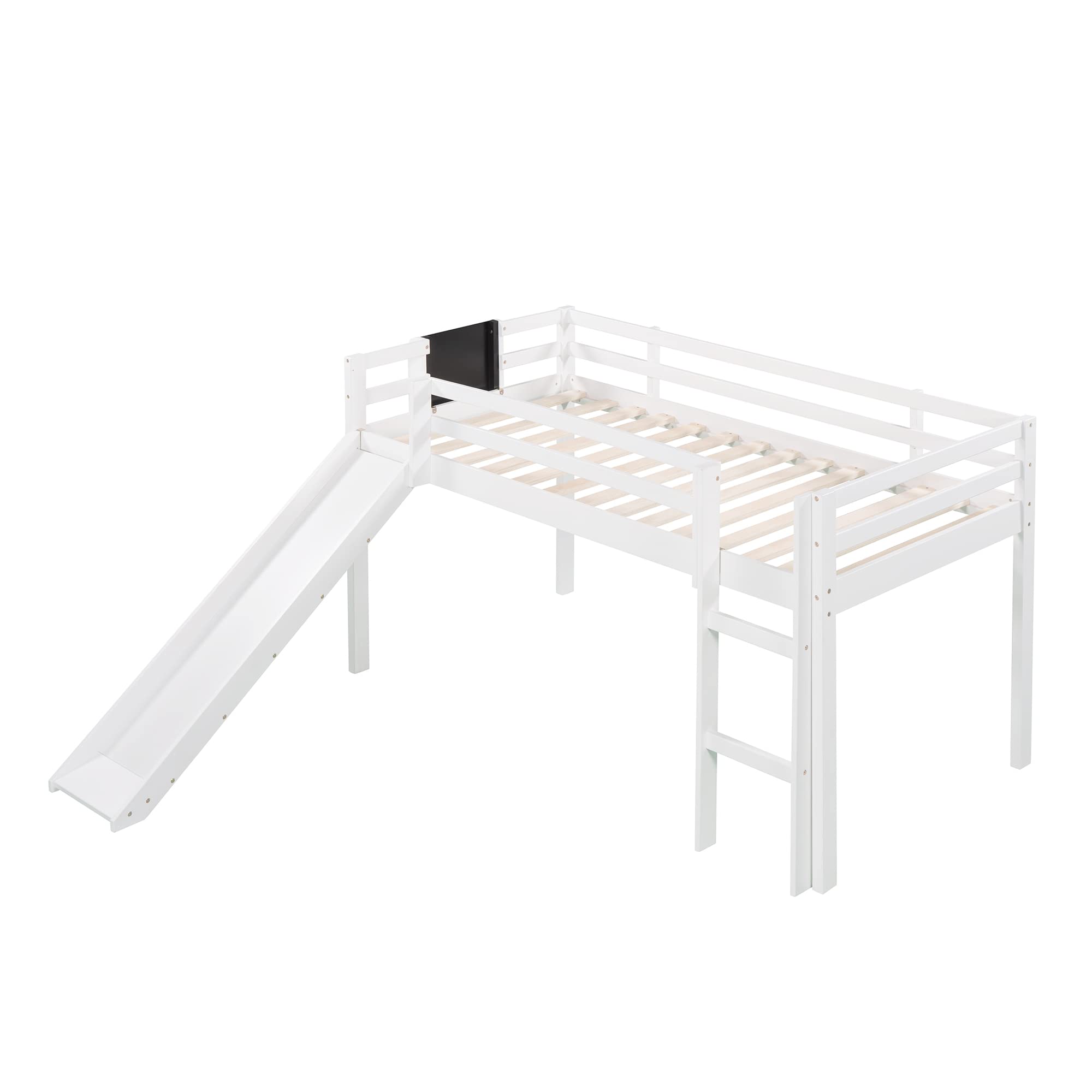 Bellemave Kids Wood Loft Bed with Slide - Twin Size Low Loft Bed for Boys & Girls - White Chalkboard Loft Bed - Perfect for Small Bedrooms, Playrooms & Kids' Sleepovers