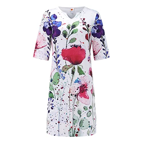 Women's Floral Printed V-Neck Half Sleeve Sundress - Knee Length Sexy Summer Dress for Casual Wear, Beach Vacation & Outdoor Parties