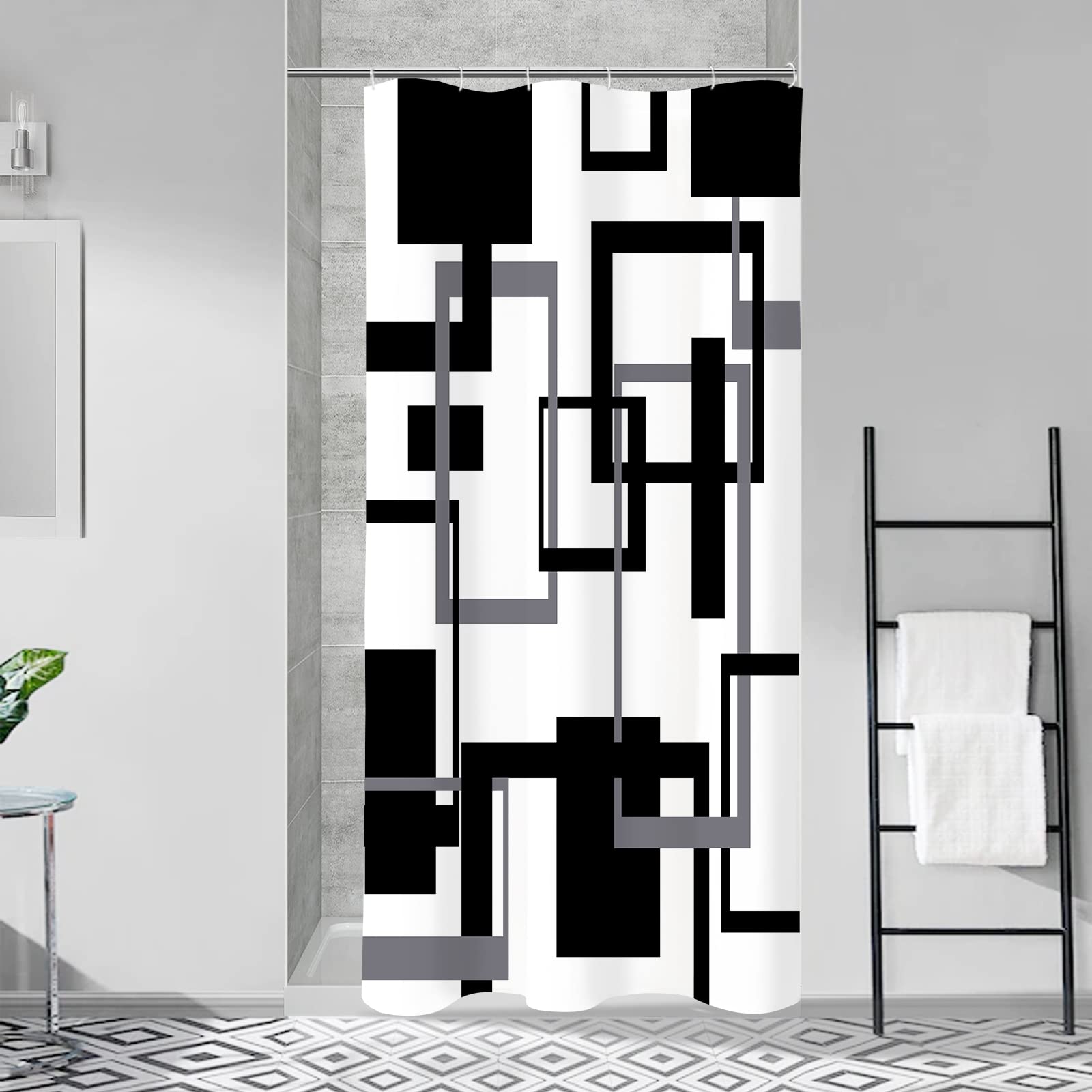 Gibelle Small Stall Shower Curtain 36x72 Inches - Narrow Half Grey Black & White Waterproof Bathroom Curtain with Hooks | Mid Century Modern Abstract Geometric Design for Bath, Shower, and Tub Enclosures - Perfect for Small Spaces and Apartment Bathrooms