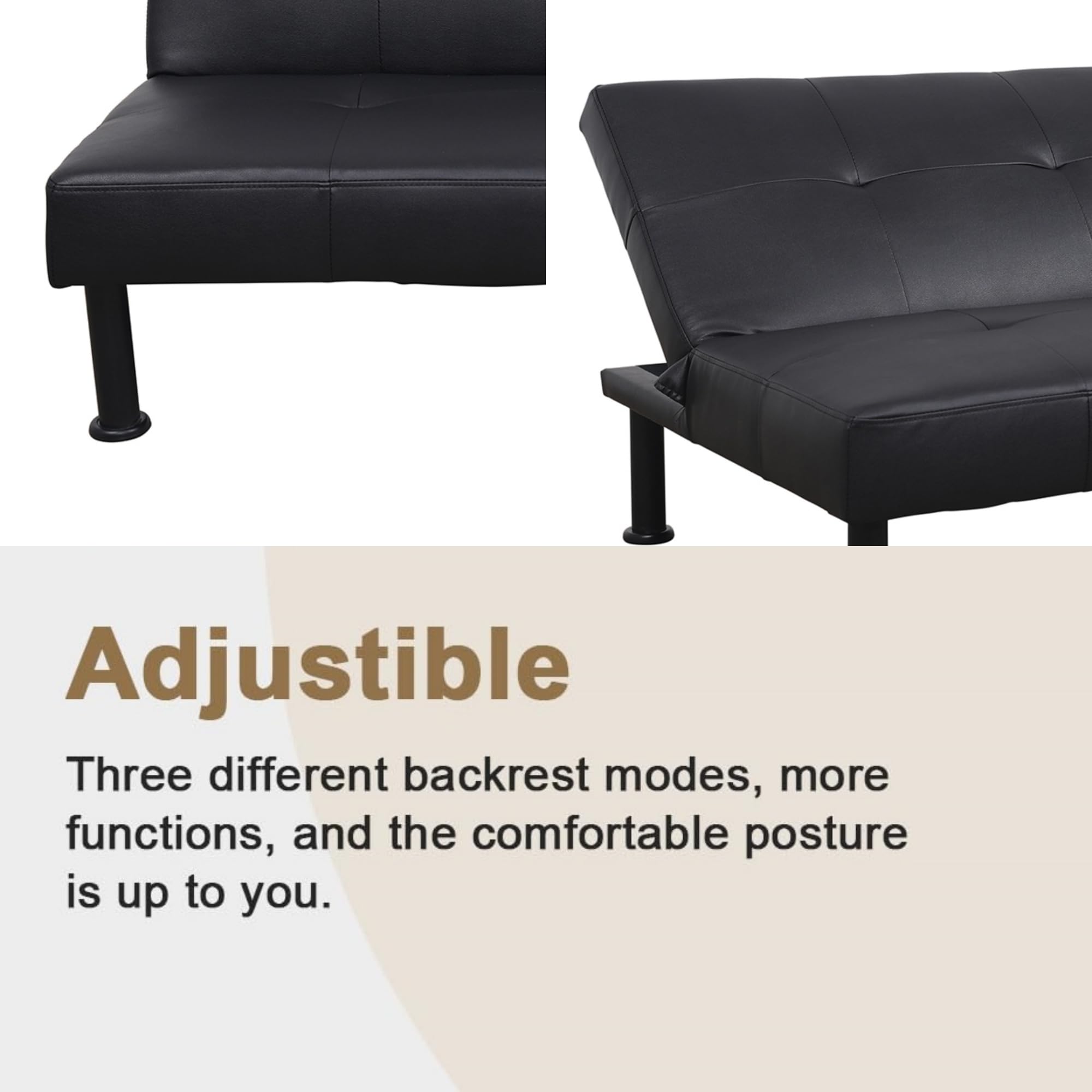 Modern Leather Futon Sofa Bed - Convertible Folding Couch with Adjustable Backrest, 64