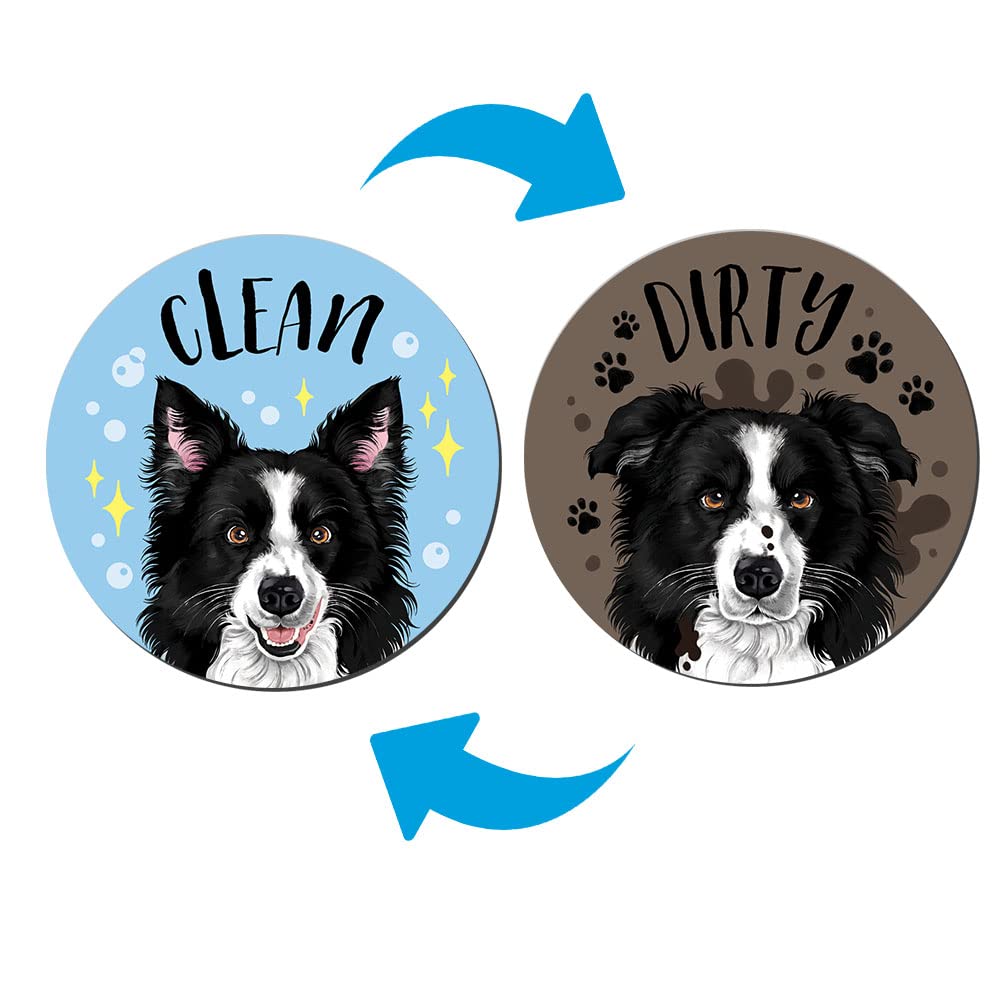 WIRESTER 3.5 Inch Dishwasher Clean/Dirty Sign - Double Sided Magnetic Indicator for Kitchen Appliances - Black & White Border Collie Design - Perfect for Dishwashers, Washing Machines & Laundry Rooms