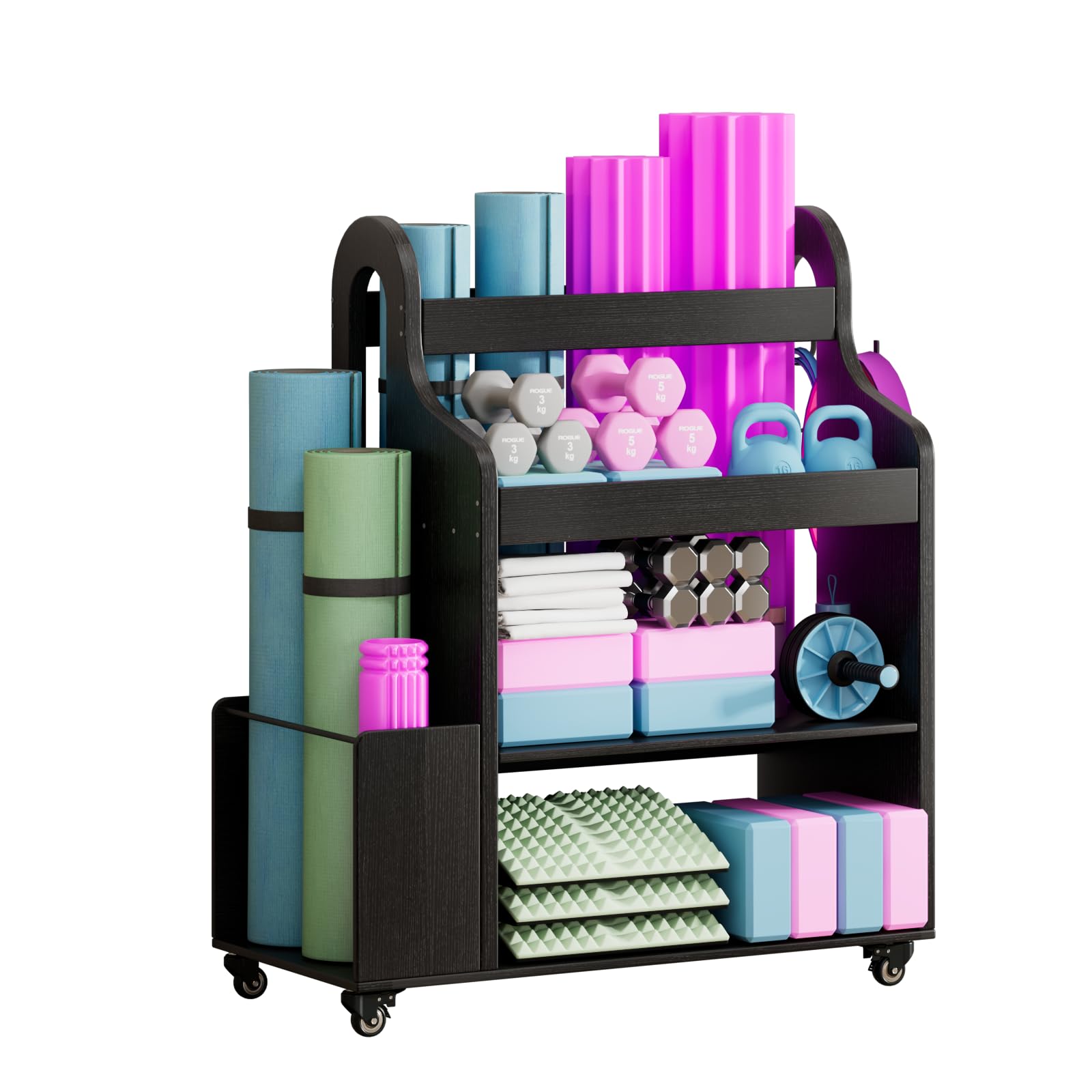 Dumbbell Weight Rack with Wheels & Hooks - All-in-One Home Gym Storage Organizer for Dumbbells, Yoga Mats, Foam Rollers - Space-Saving Workout Equipment for Home Exercise & Yoga Studio (Wooden)