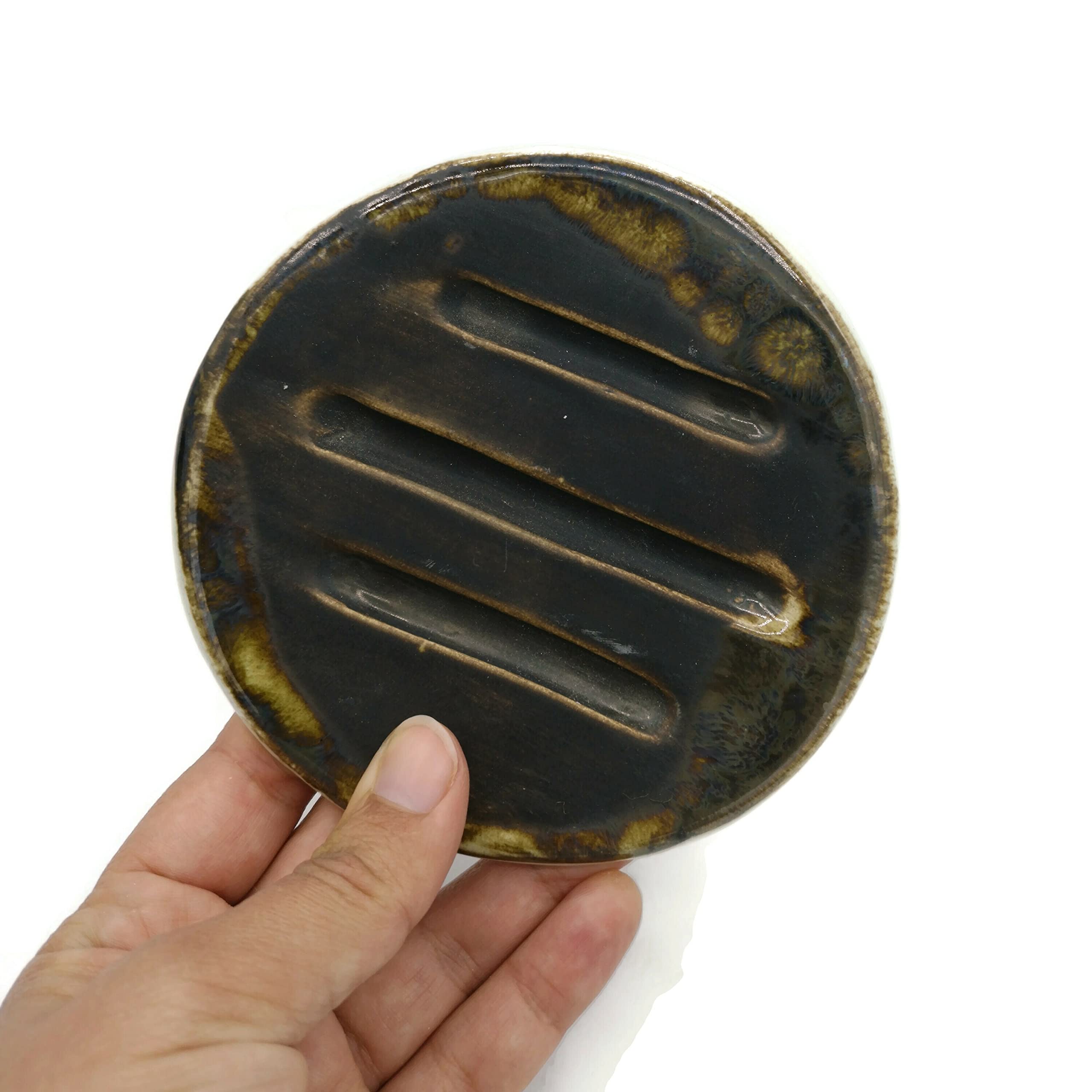 Dark Brown Ceramic Soap Dish & Sponge Holder - Bathroom & Kitchen Organizer for Sinks, Showers, and Countertops