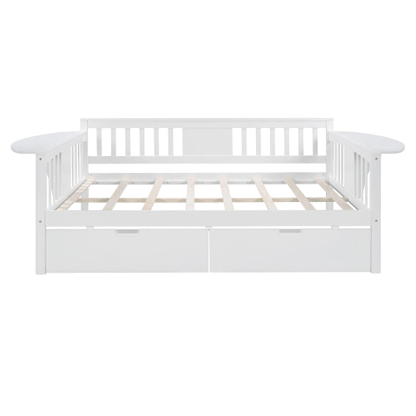 Full Size Daybed Frame with 2 Storage Drawers & Safety Handrail - White Wooden Platform Bed for Guest Room, Dorm, or Small Space