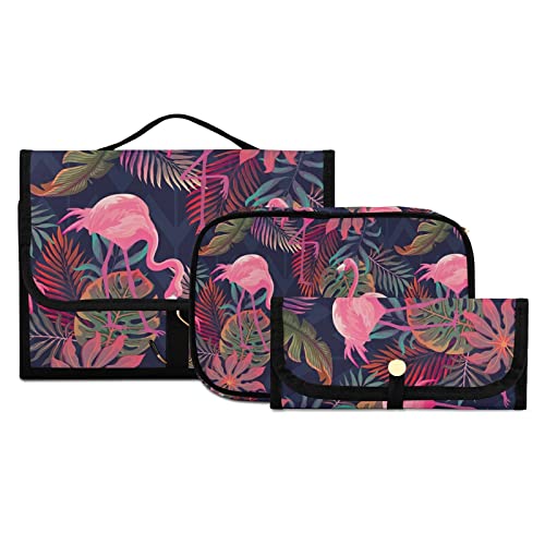 3-Piece Tropical Pink Flamingo & Palm Leaf Hanging Toiletry Bag Set - Clear Travel Makeup Organizer for Women, Waterproof Portable Cosmetic Case - Perfect for Vacation, Gym, Camping & Beach Trips