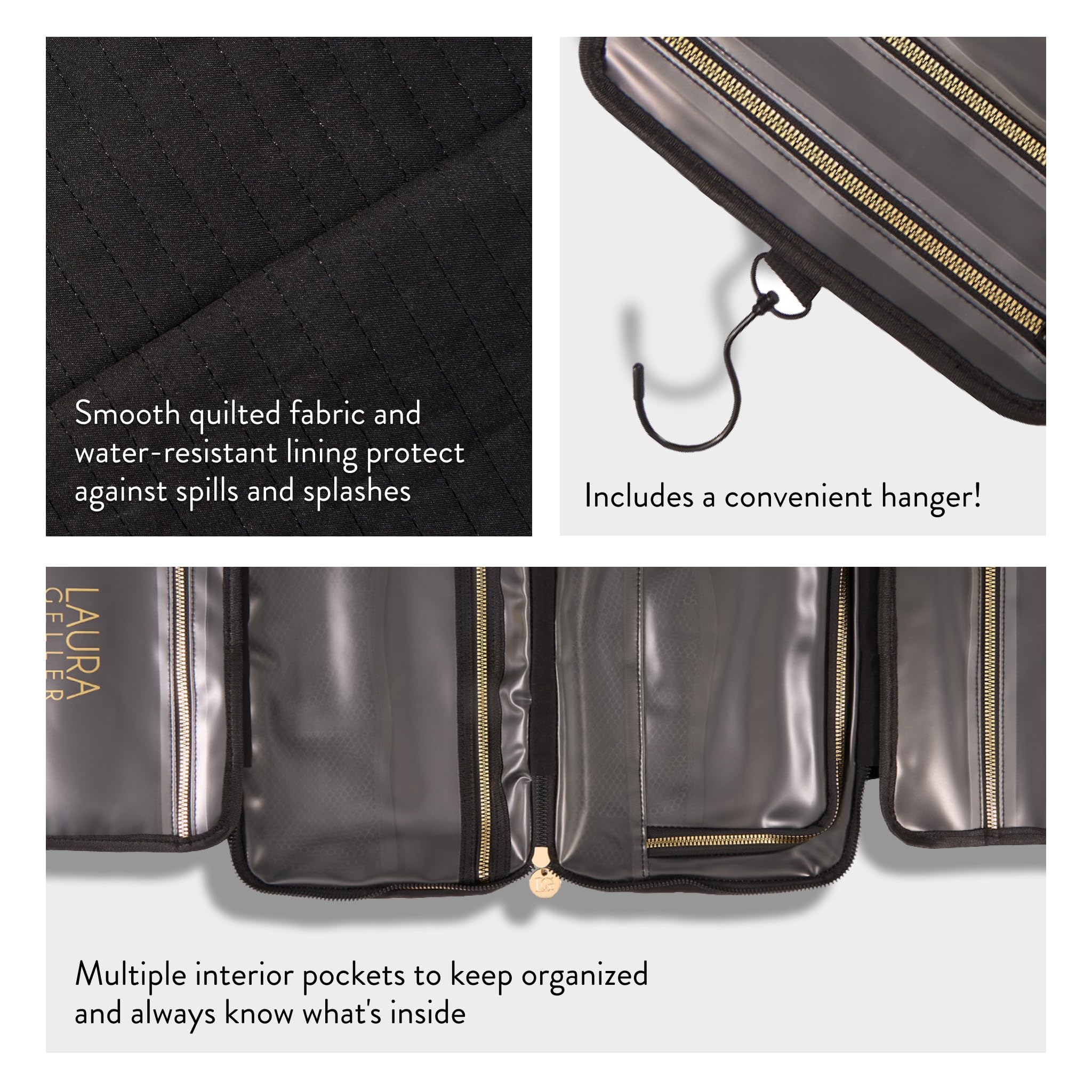 LAURA GELLER NEW YORK Quilted Folding Travel Makeup Bag - Black Hanging Toiletry Organizer with Large Capacity | Waterproof & Easy to Clean Cosmetic Case | Perfect for Travel, Gym & Daily Use