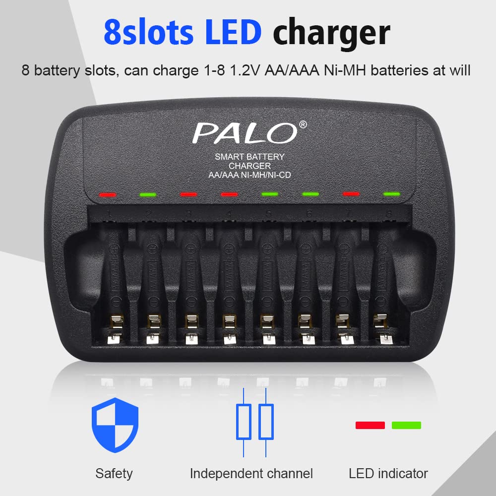 8 Pack Rechargeable AA Batteries 1.2V 3000mAh with Smart Charger - High Capacity NI-MH AA/AAA Battery Set for Cameras, Toys, Flashlights & Electronics - 8 Bay LED Indicator Charger Included