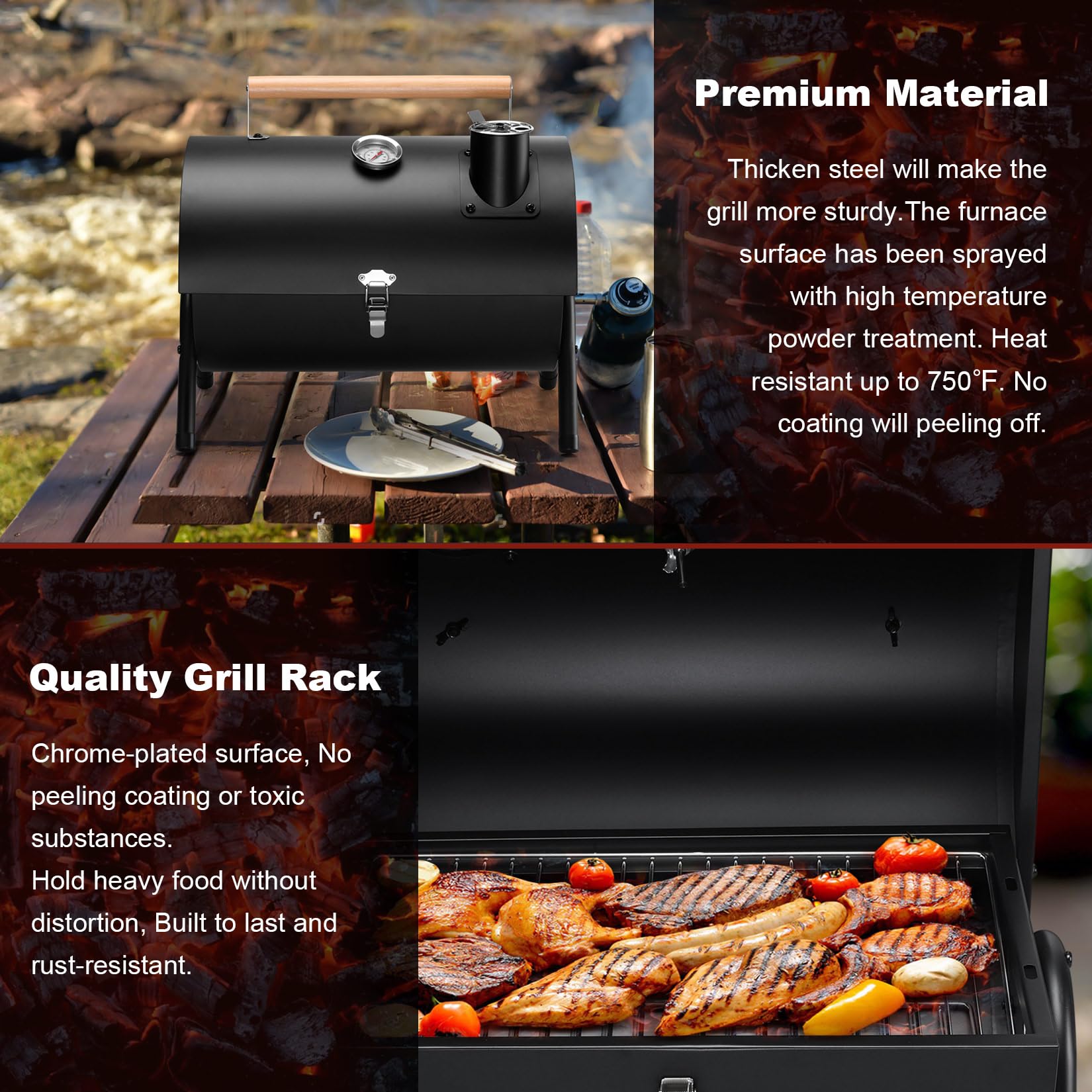 Joyfair Portable Charcoal Grill with Built-in Thermometer - Heavy Duty Stainless Steel Tabletop BBQ Grill for Outdoor Camping, Backyard Parties, Picnics & Tailgating - Easy Assembly & Innovative Design - Perfect for Grilling Burgers, Steaks, Vegetables & Seafood