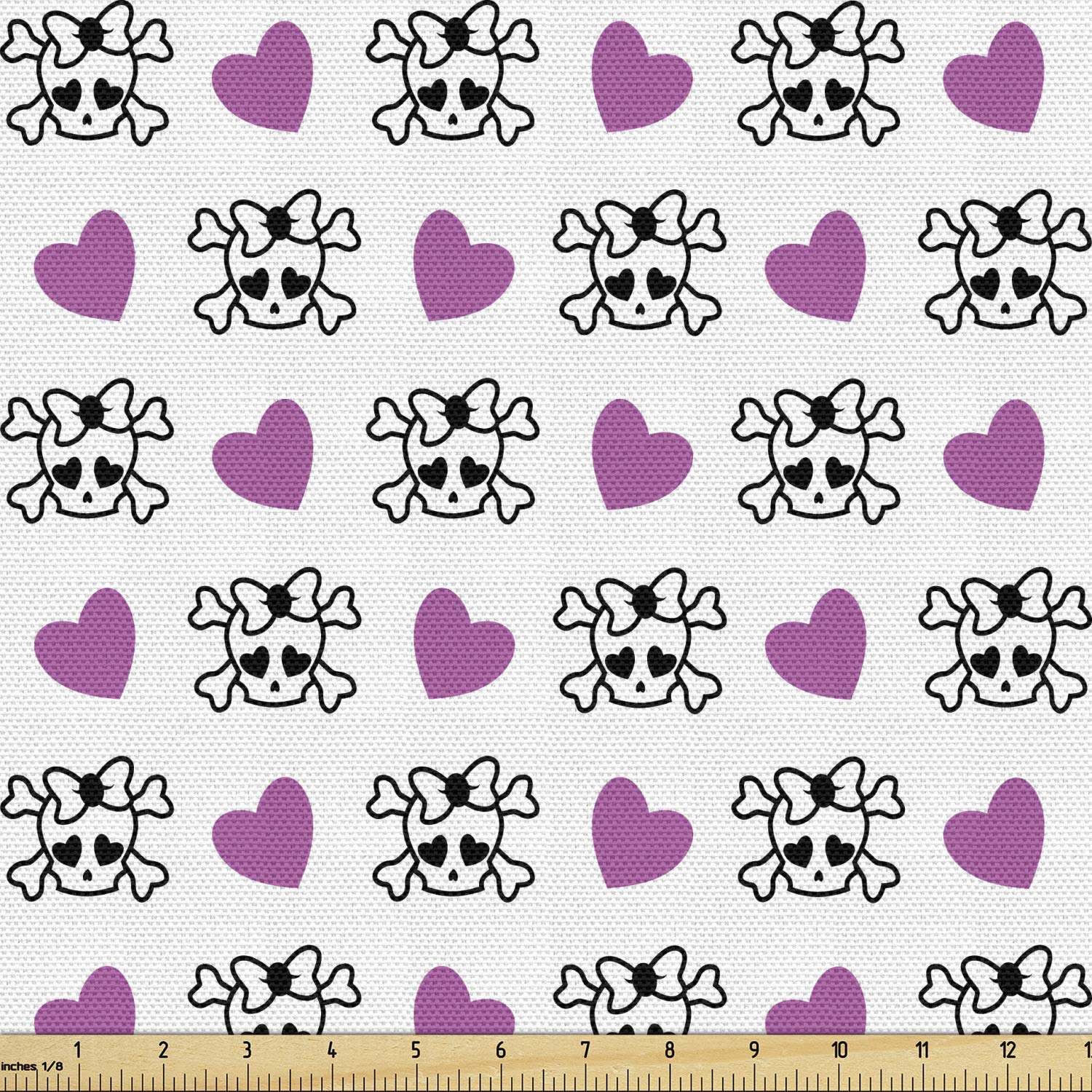 Ambesonne Teen Fabric by The Yard - Funky Girlish Emo Skull with Bowknots, Bones & Hearts Pattern - 1 Yard Violet Black White Decorative Fabric for Upholstery, DIY Crafts, Bedding & Home Decor