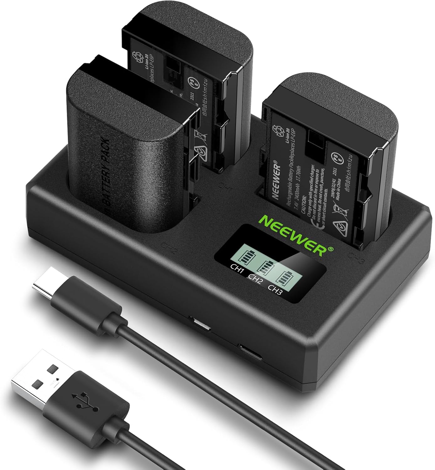 3-Pack 2400mAh LP-E6NH/LP-E6N/LP-E6 Replacement Battery & USB Triple Charger for Canon EOS R5 Mark II, R5, R6, R7, 5D II/III/IV, 6D/6D II, 7D/7D II, 60D/70D/80D/90D - Perfect for Travel Photography & Professional Shooting