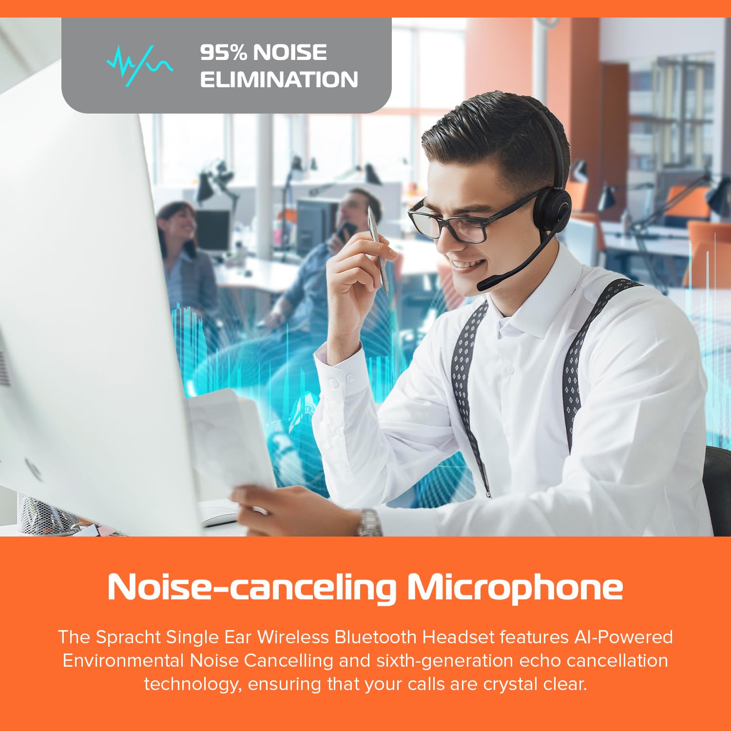 Spracht HS-2050 Single Ear Wireless Bluetooth Headset with Charging Base | Noise Cancelling Headphones with Mic for PC, Laptop, Work from Home, Skype, Zoom, Call Centers, Office & Truck Drivers - Perfect for Remote Work, Online Meetings & Professional Calls