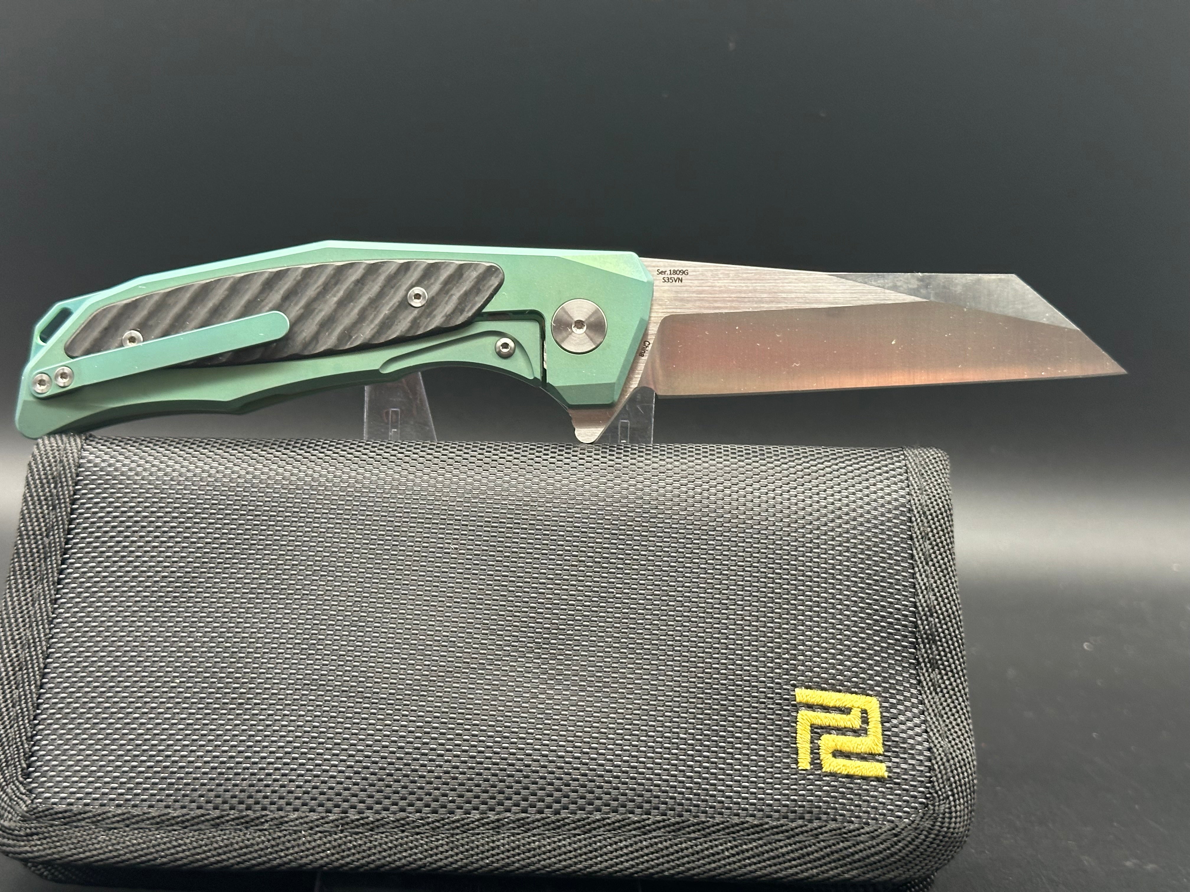 Artisan Cutlery Megahawk S35VN Wharncliffe Folding Knife - Premium Green Titanium Handles with Carbon Fiber Inlays - EDC, Outdoor, Camping & Survival Tool