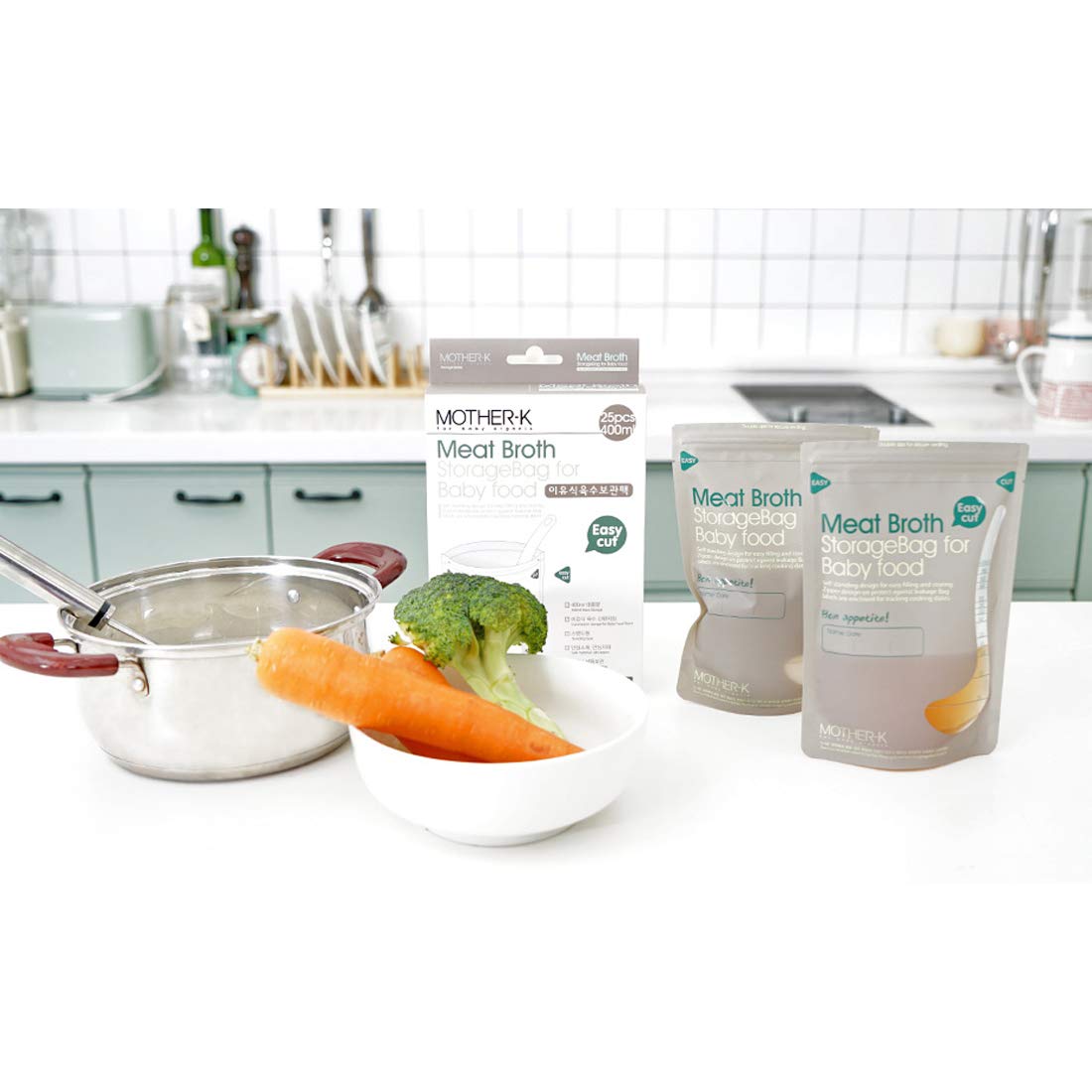 MOTHER-K Disposable Meat Broth Storage Bags - 13oz Double Zipper Seal Freezer Bags (25 Count) - Leakproof, Microwave & Boil Safe, Self-Standing Food Storage Bags for Soups, Stews, Meal Prep & Leftovers