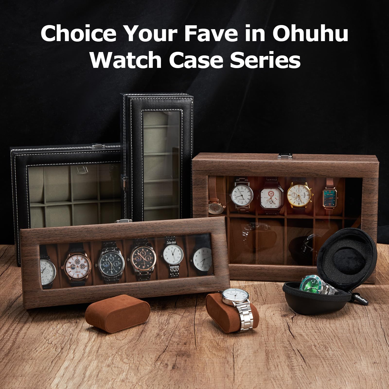 Ohuhu 6 Slot Watch Box with PU Leather & Real Glass Lid - Premium Watch Display & Storage Case for Men & Women - Perfect for Travel, Home, Office & Gift Giving