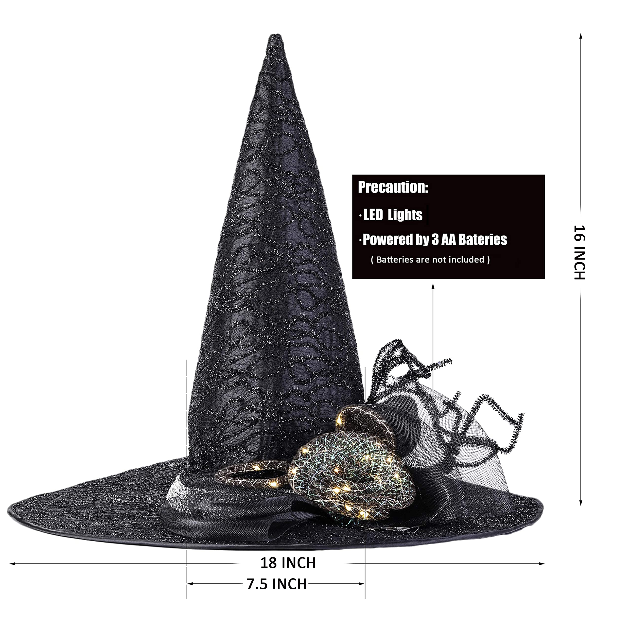 LED Light Up Witch Hat for Women - Black Halloween Costume Accessory with Steeple Top & Built-in Lamp - Perfect for Halloween Parties, Cosplay & Themed Events