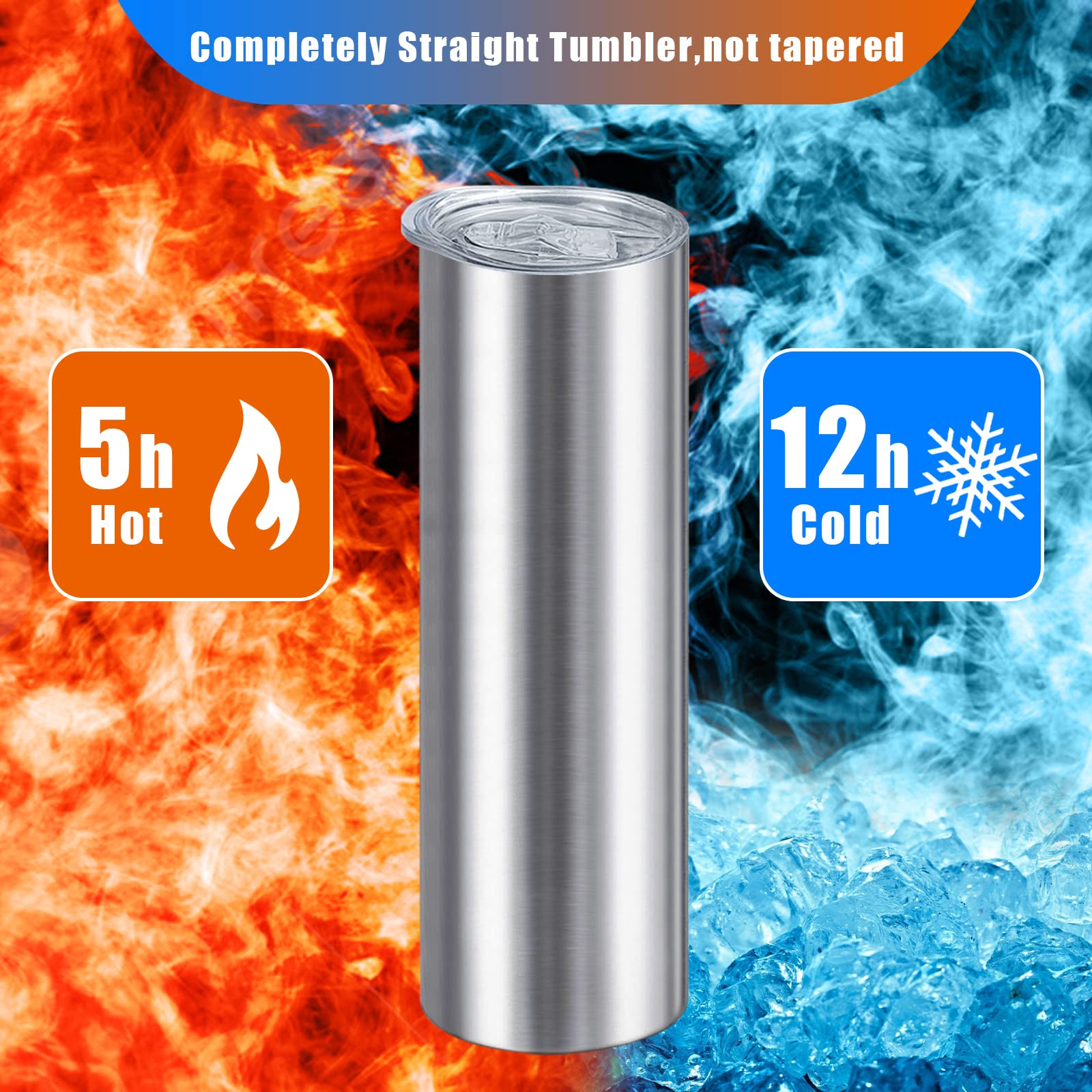 20oz Straight Skinny Stainless Steel Tumblers with Straw - 8 Pack Double Wall Insulated Travel Tumbler for Coffee, Tea & Cold Drinks - Perfect DIY Gift for Men, Women & Friends (Silver) - Ideal for Office, Gym, Camping & Road Trips