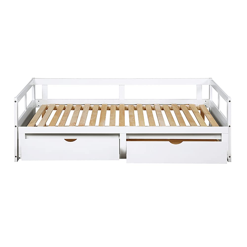 Twin Size Wooden Daybed with Trundle & 2 Storage Drawers - Convertible Sofa Bed, Extendable Guest Bed, Easy Assembly (White) - Perfect for Small Spaces, Guest Rooms & Dorm Rooms