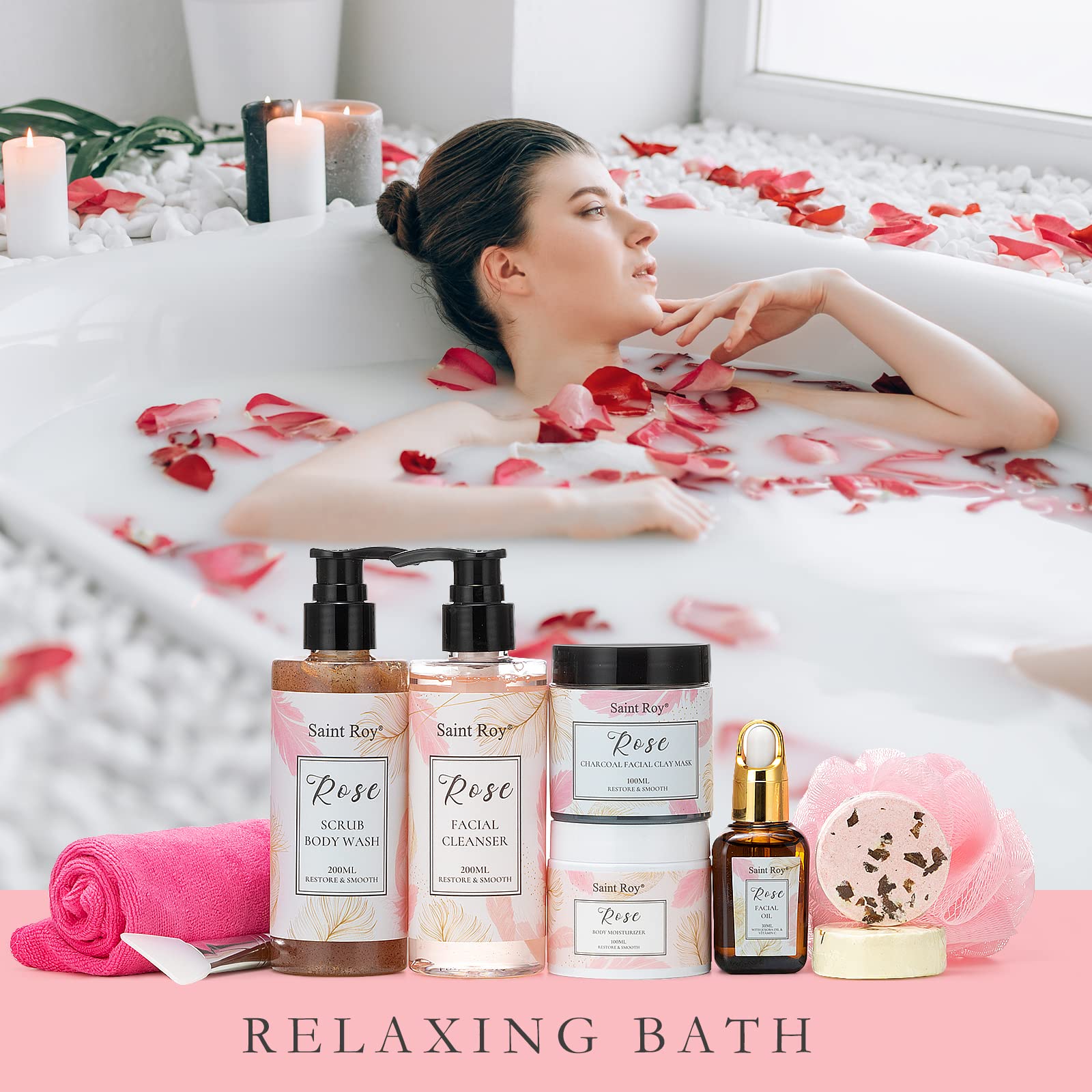10-Piece Rose Scented Self Care Spa Gift Set for Women - Facial Cleanser, Body Scrub, Clay Mask & Essential Oil - Perfect Birthday & Mother's Day Gift Idea for Relaxation & Skincare