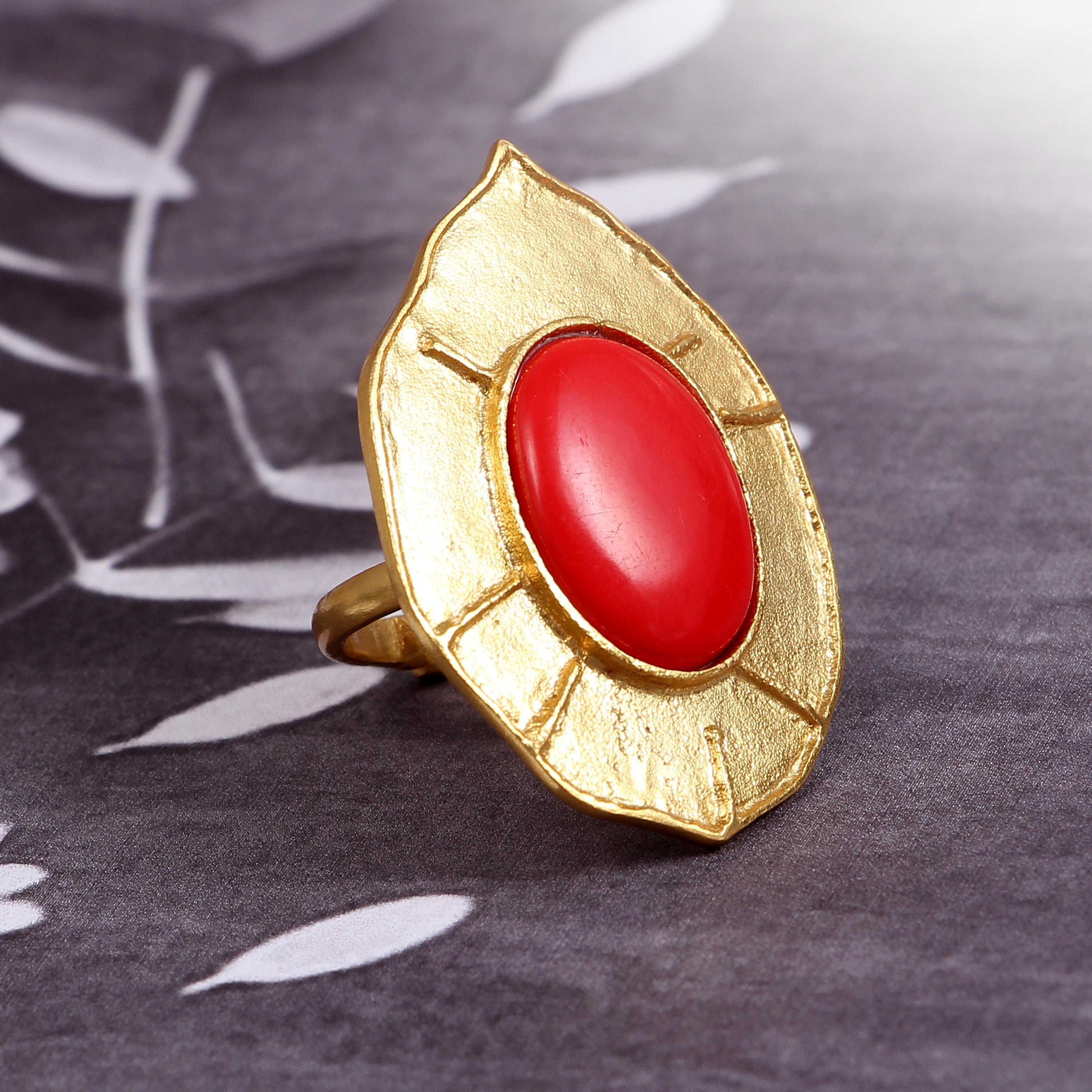 Handmade Boho Brass Gold Plated Oval Red Coral Gemstone Ring - Modern & Traditional Fashion Jewelry Gift for Women - Perfect for Weddings, Parties & Everyday Wear