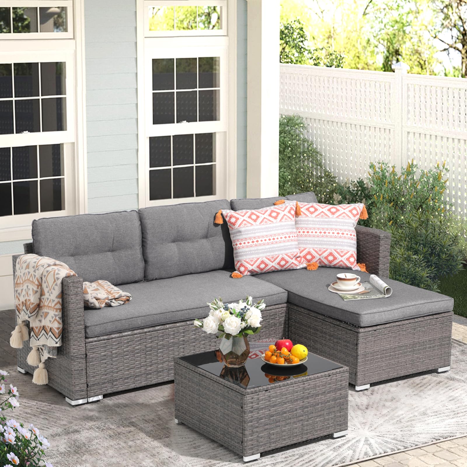 JOIVI 3-Piece All-Weather Outdoor Patio Furniture Set - Wicker Rattan Sectional Sofa with Cushions & Tempered Glass Table - Gray - Perfect for Backyard, Garden, Poolside & Patio Relaxation