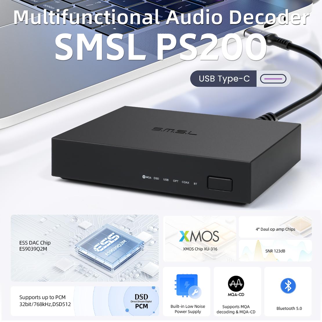 SMSL PS200 ES9039Q2M XU316 USB DAC Converter - 32Bit/768kHz DSD512 MQA/MQA-CD Digital to Analog Audio Adapter with USB/Optical/Coaxial to RCA Output for PC, Phone, PS5, Nintendo Switch & Home Theater System - Perfect for Gaming, Music Streaming & Hi-Fi Audio Setup