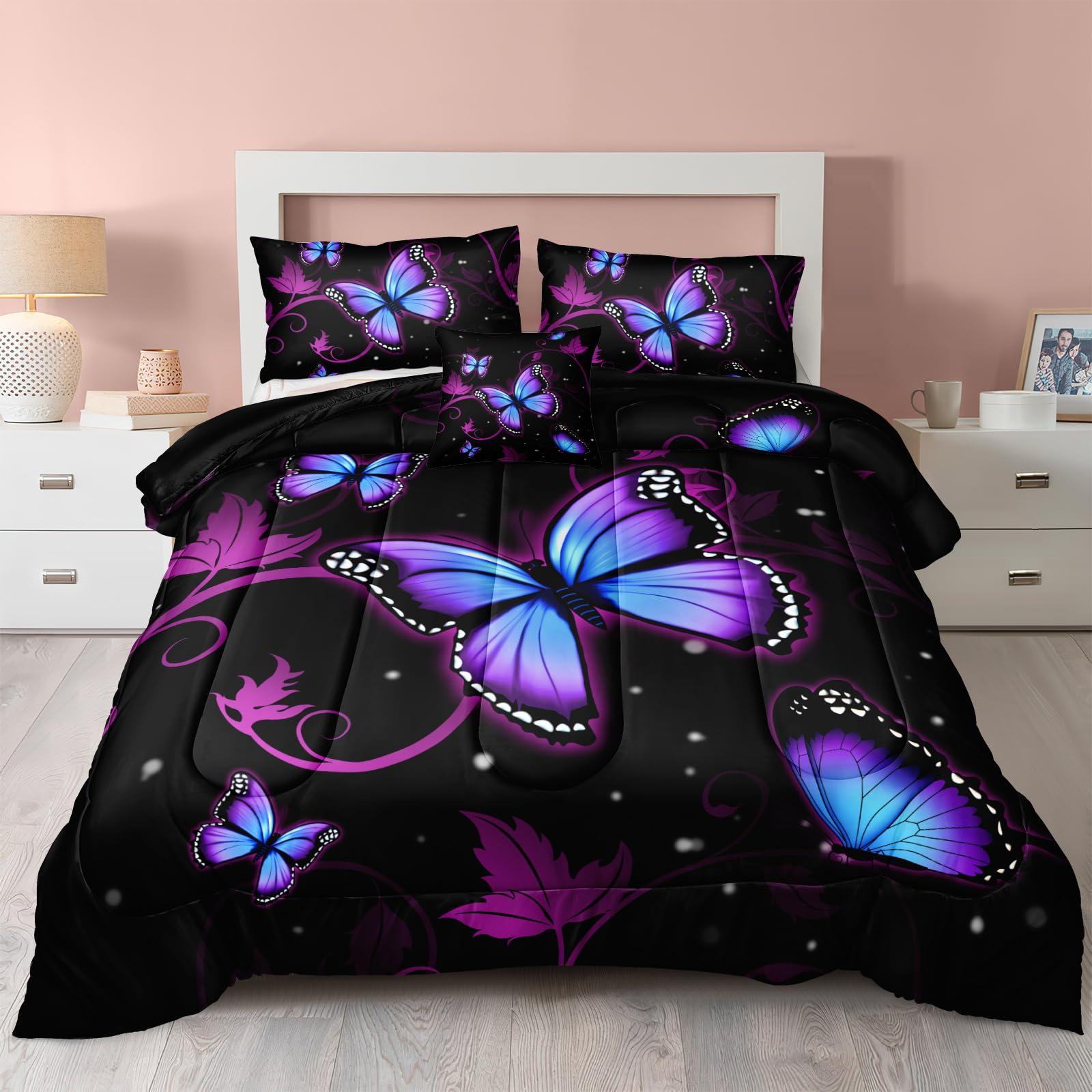 Butterfly Comforter Set Queen Size - Purple Floral Bedding for Girls & Women, Includes 1 Comforter, 2 Pillowcases & 1 Cushion Cover - Soft & Dreamy Butterfly Design - Perfect for Teen Bedrooms, Dorm Decor & Cozy Sleep