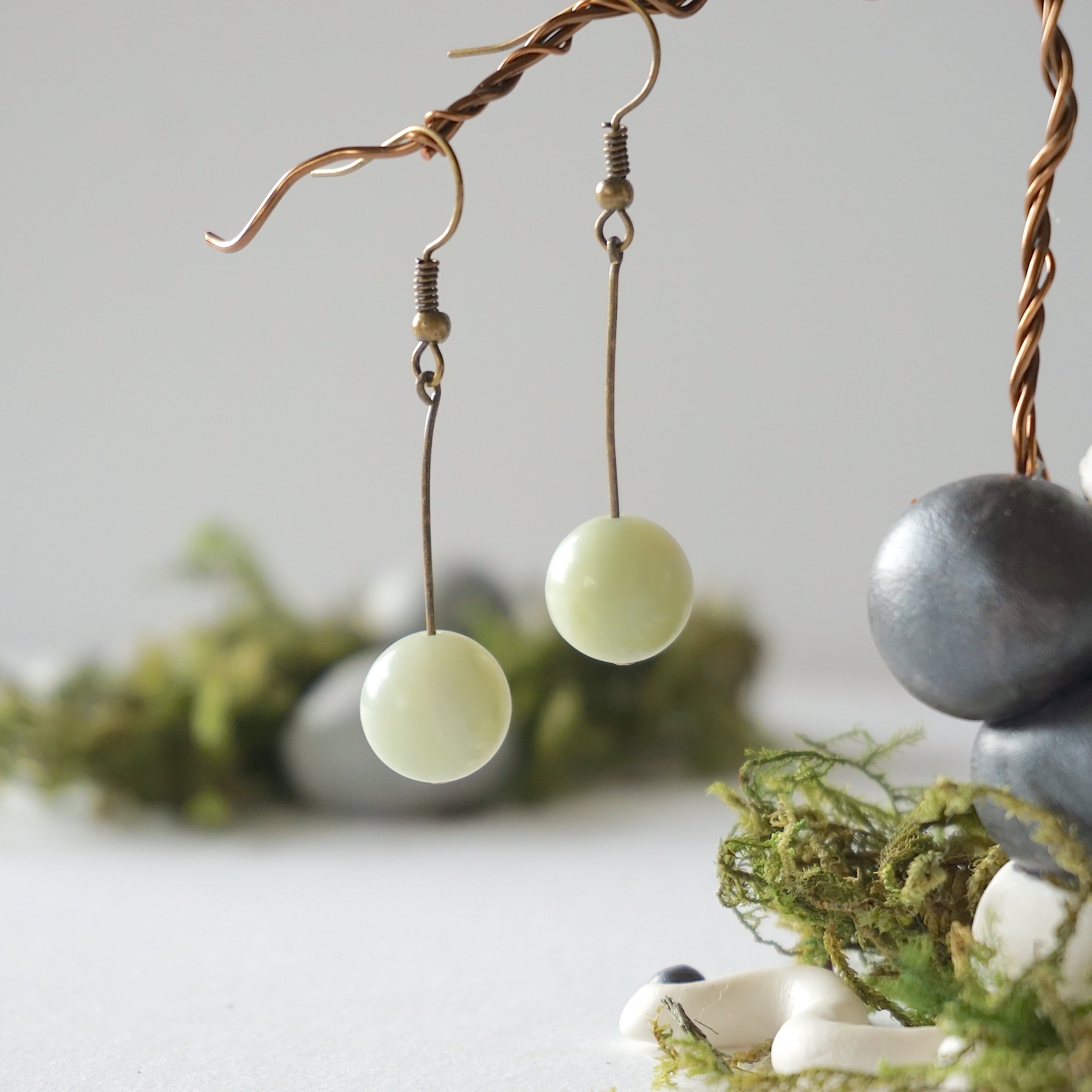 Exquisite Jade Bead Drop Earrings in Antique Bronze - Elegant Dangle Jewelry for Women, Perfect for Weddings, Parties & Special Occasions