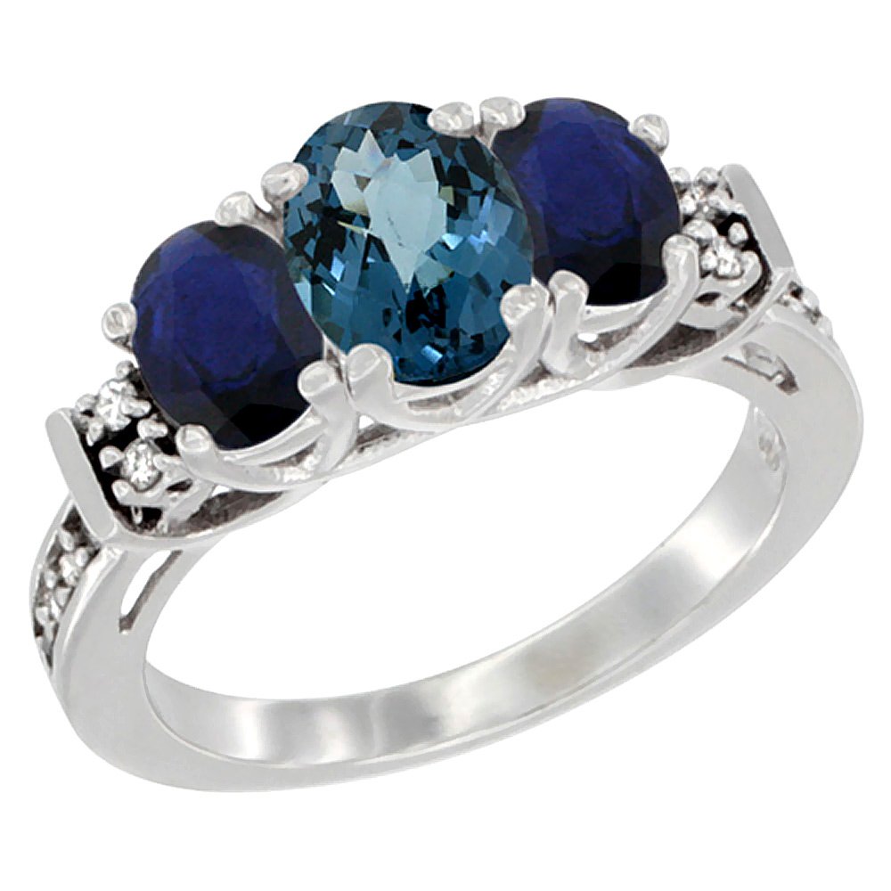 14K White Gold Oval Diamond Engagement Ring with Natural London Blue Topaz & Blue Sapphire - Size 5-10 for Wedding, Proposal & Anniversary Gifts