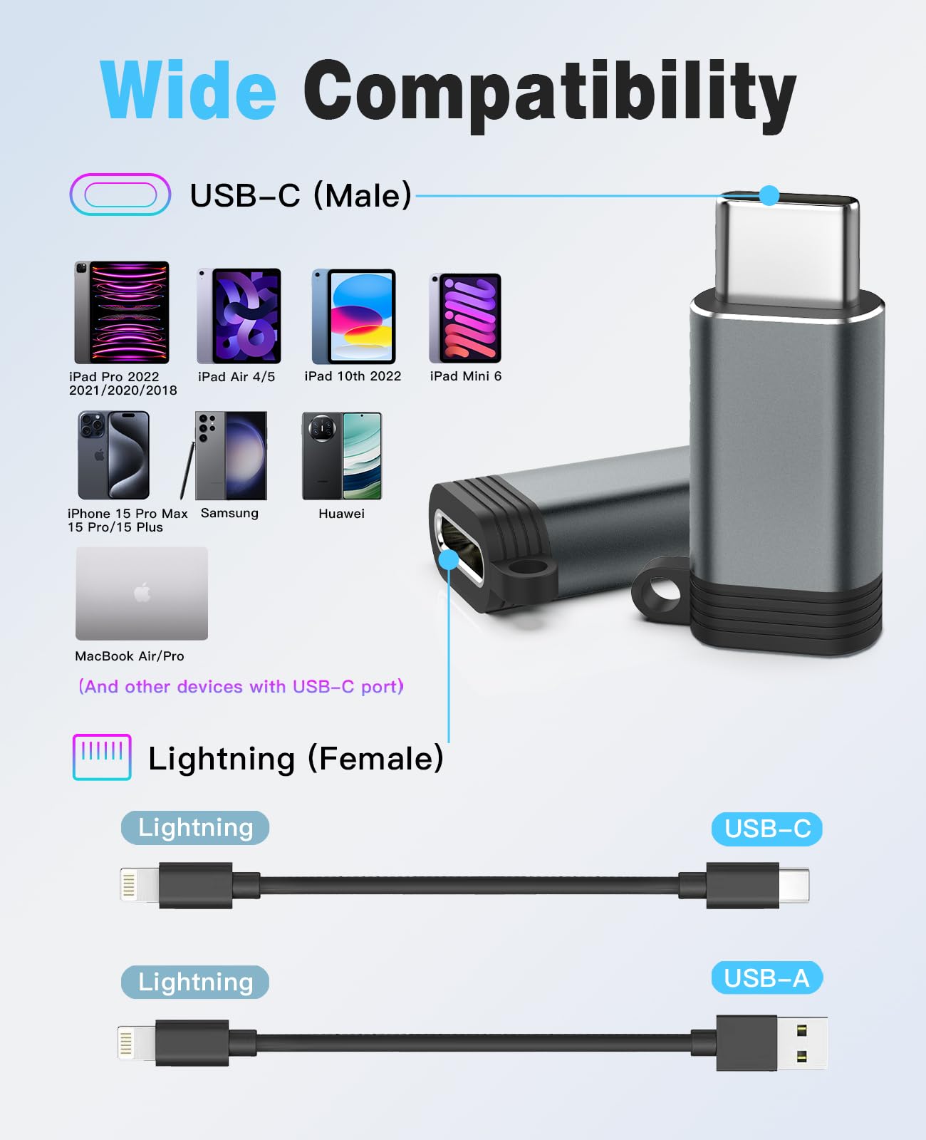 TiMOVO 2 Pack Lightning Female to USB C Male Adapter - Fast Charging & Data Transfer for iPhone 15 Pro Max/Plus, iPad Pro/Air - Anti-Lost Design (Grey) - Perfect for Travel, Office & Home Charging