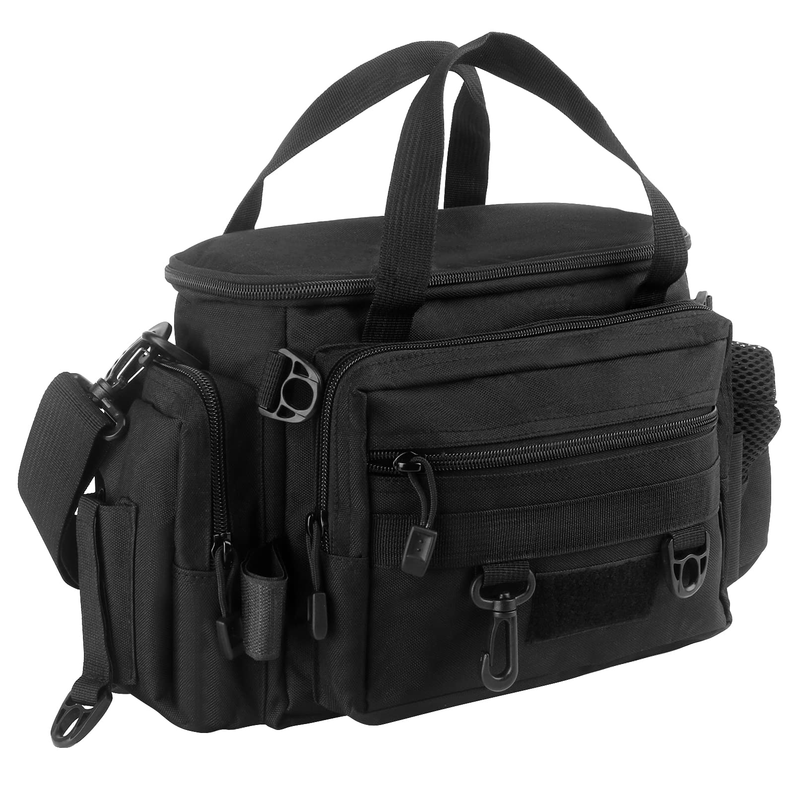 **Large Fishing Tackle Bag with Multiple Pockets - Waterproof Fishing Gear Storage for Equipment, Lures & Accessories - Durable Shoulder Pack for Fishing, Hunting & Hiking (Black)**    *(Perfect for organizing fishing gear, outdoor adventures, and on-the-go storage!)*