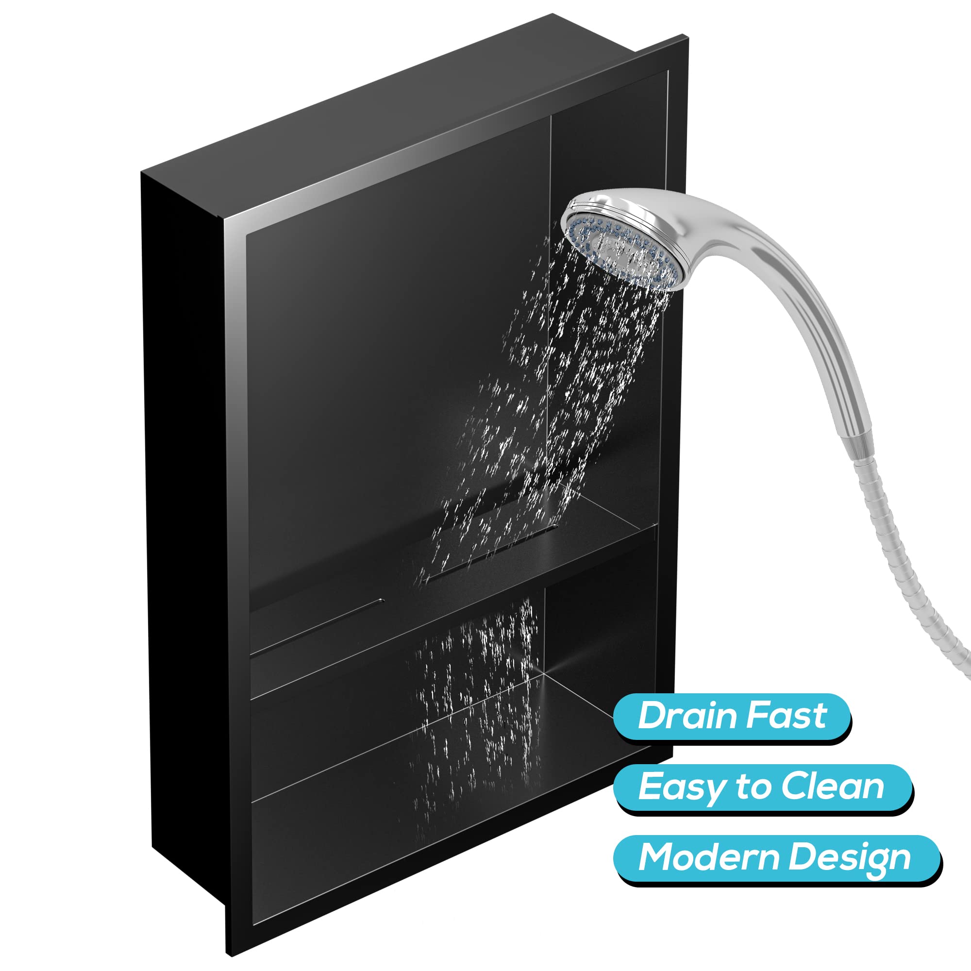 18x12 Inch Stainless Steel Shower Niche with Double Shelves - No Tile Needed Recessed Bathroom Wall Storage - Matte Black Finish for Modern Showers & Spa Bathrooms