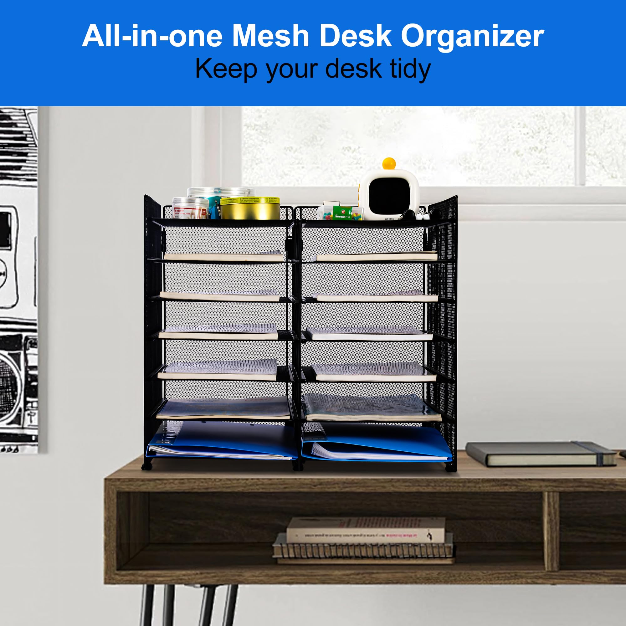 12-Slot Desk File Sorter & Mail Organizer - Adjustable Letter Tray for Office, Classroom or Home - Black Literature Holder for Documents, Letters and Office Supplies (Perfect for Workspace Organization & Paper Management)