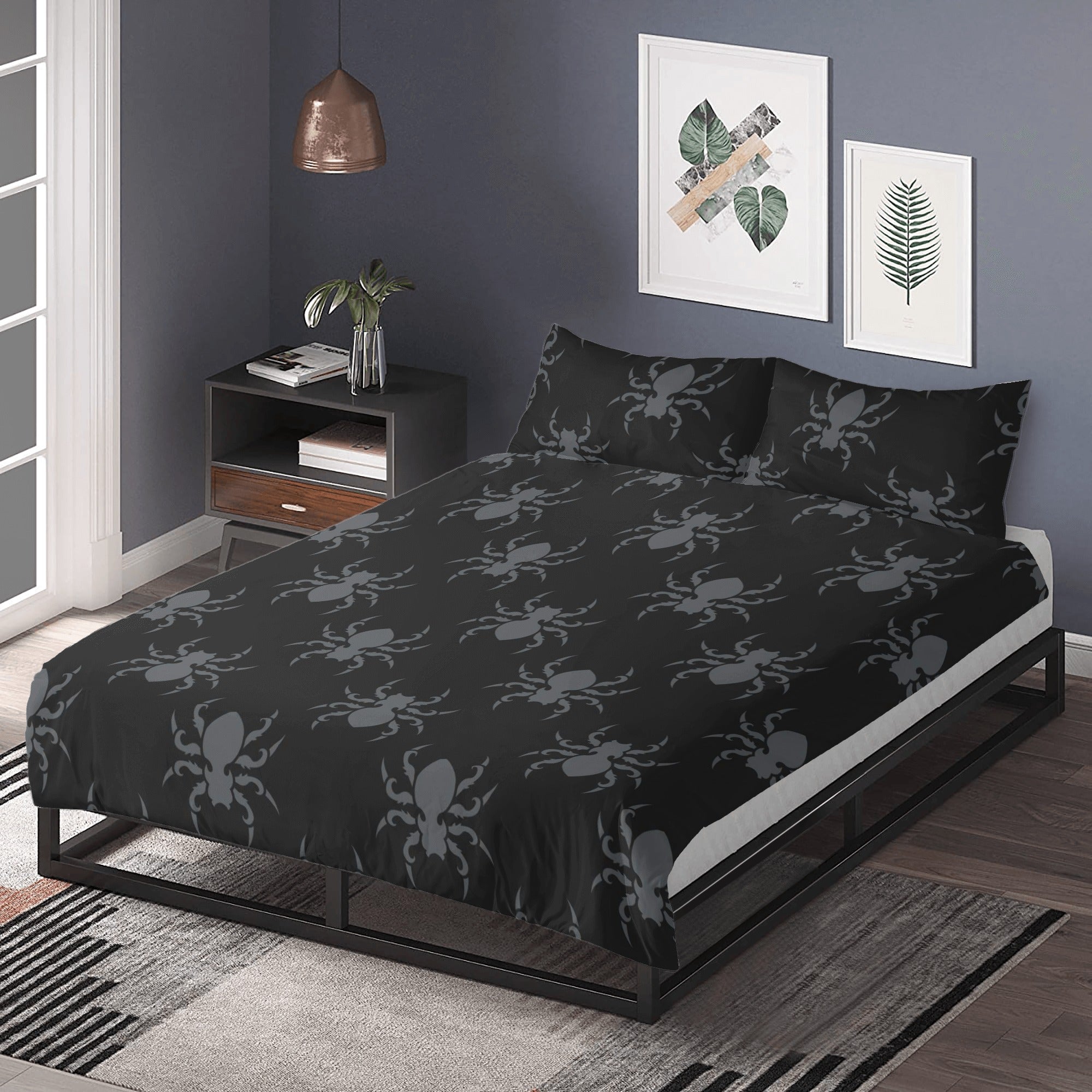 Goth Spider 3-Piece Bedding Set - Black Gothic Spiderweb Comforter, Pillowcases & Sheet for Halloween Decor, Horror Theme Bedroom, or Alternative Aesthetic Lovers