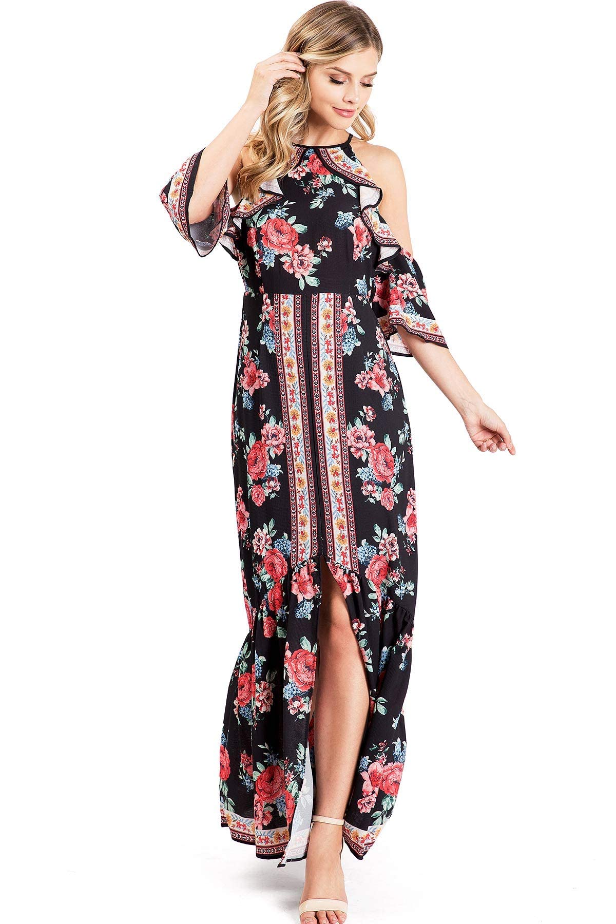 Flying Tomato Women's Floral Maxi Dress with Cutout Shoulders - Elegant Summer Beach Dress for Vacations, Parties & Outdoor Events
