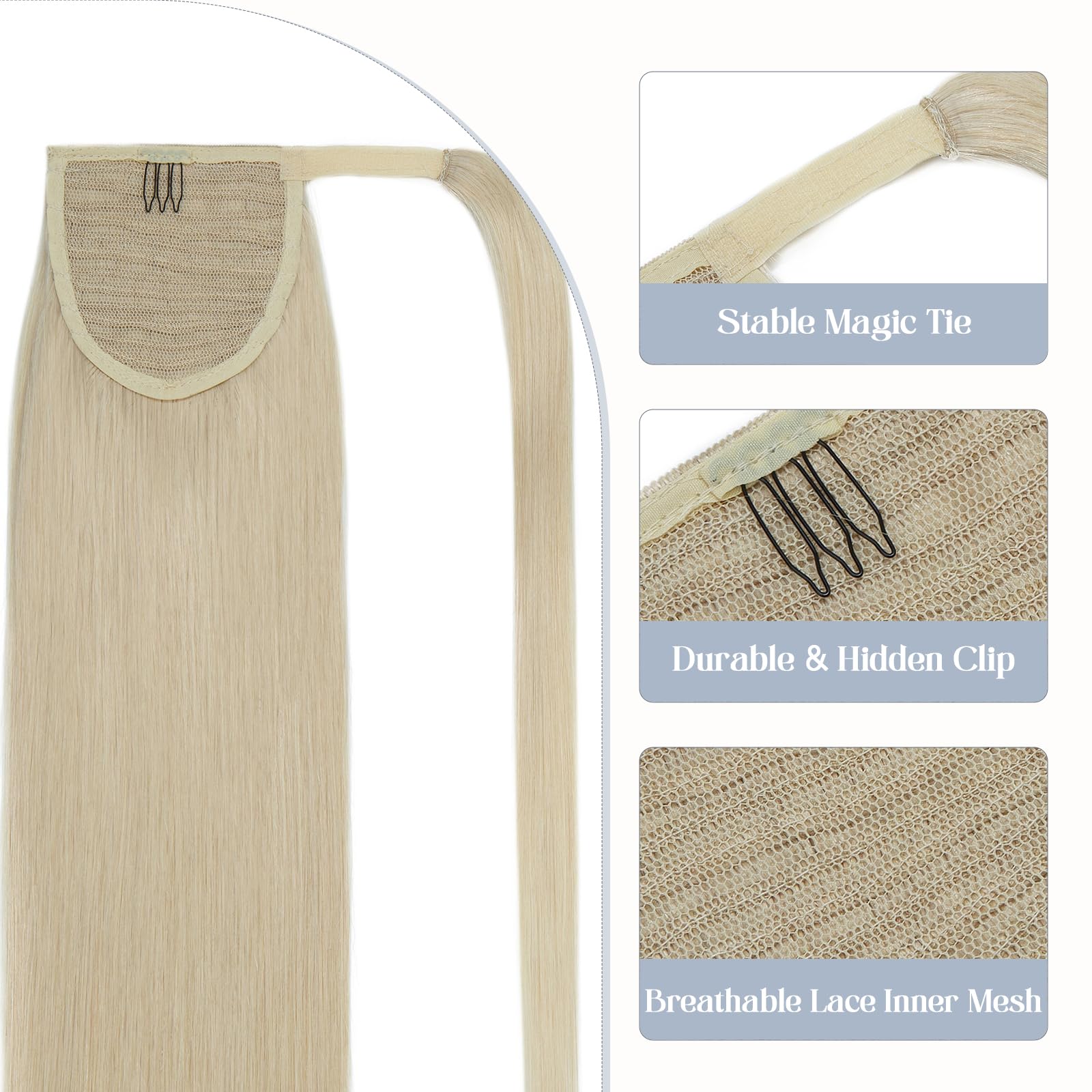 Premium 22 Inch Human Hair Ponytail Extensions - 95g Real Hair Clip-In Ponytail Wrap (Color #60 Platinum Blonde) for Women | Long Straight Hair Extensions for Daily Wear, Parties & Special Occasions