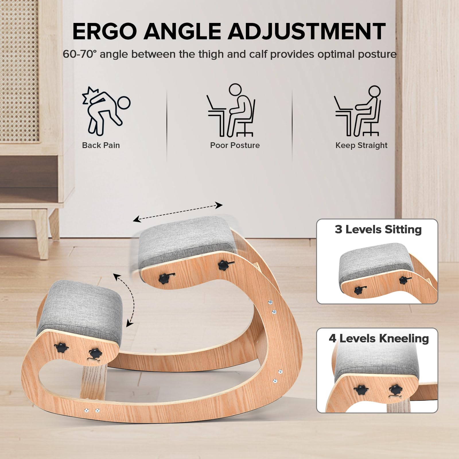 Ergonomic Kneeling Chair for Home Office - Adjustable Wood Rocking Knee Stool with Soft Padding - Natural Neck & Back Pain Relief - Supports Up to 300 lbs - Perfect for Meditation, Yoga & Desk Work