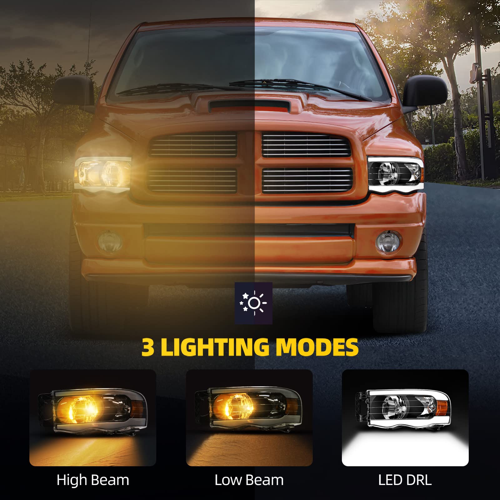 DWVO LED Headlights Assembly Compatible with 2002-2005 Dodge Ram 1500/2500/3500 - Switchback DRL Tube, Replacement Headlamps Pair - Perfect for Night Driving & Off-Road Adventures