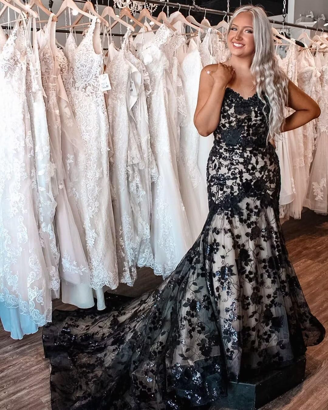 Gothic Mermaid Black Wedding Dress for Bride - Lace Appliques Beaded Tulle Sweetheart Bridal Gown | Gothic Wedding, Vampire Bride, Dark Romance Ceremony