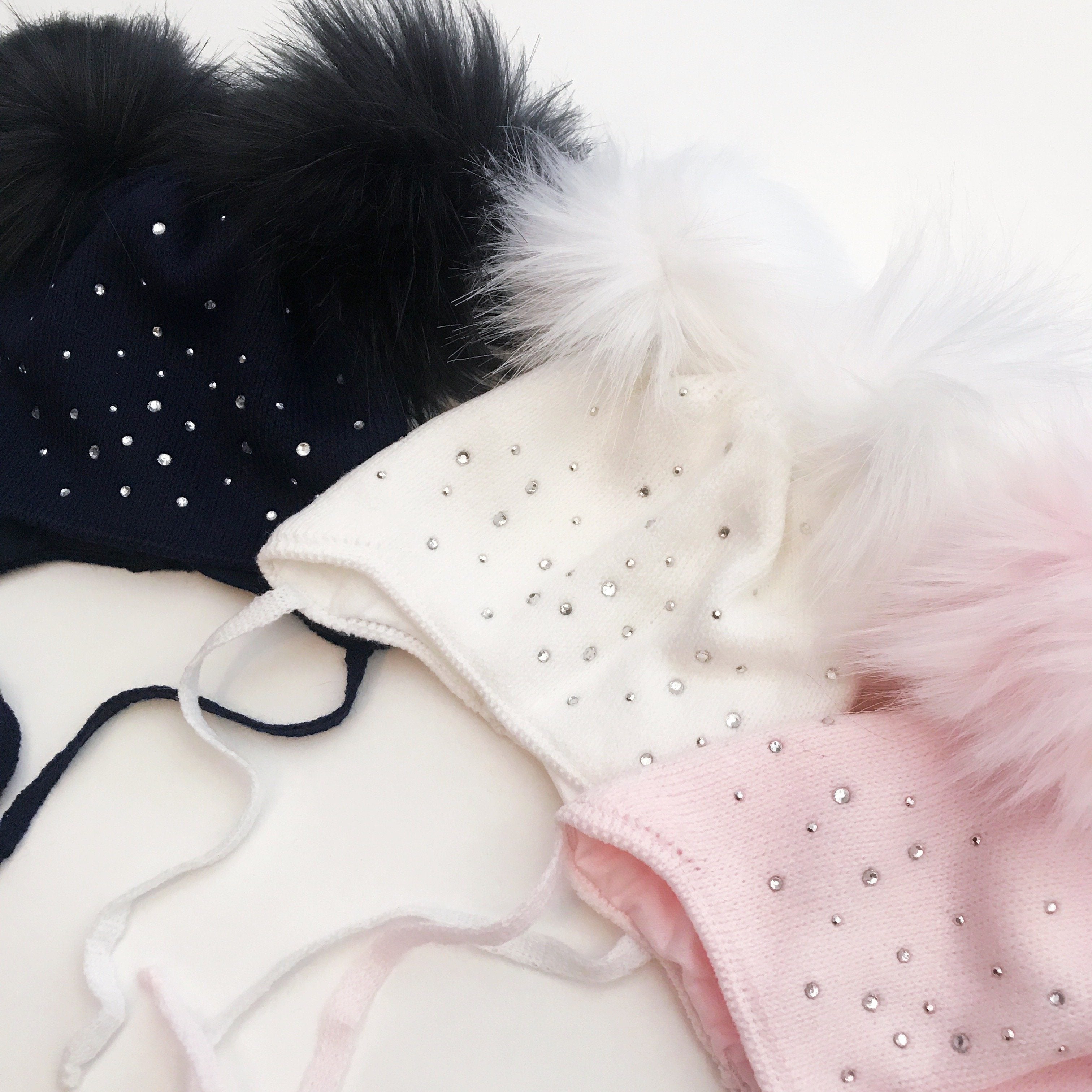 Diamante Faux Fur Double Pom Pom Winter Hat for Women - Warm & Stylish Beanie for Cold Weather, Outdoor Activities, and Fashion Accessories