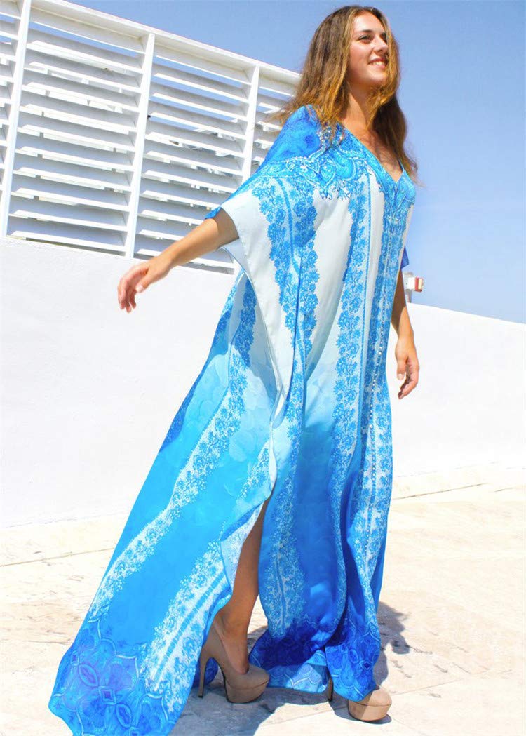 Elegant Women's Long Tunic Kaftan Maxi Dress with Batwing 3/4 Sleeves - Plus Size Summer Beach Cover Up Dress for Vacation, Pool Party & Boho Chic Outfits