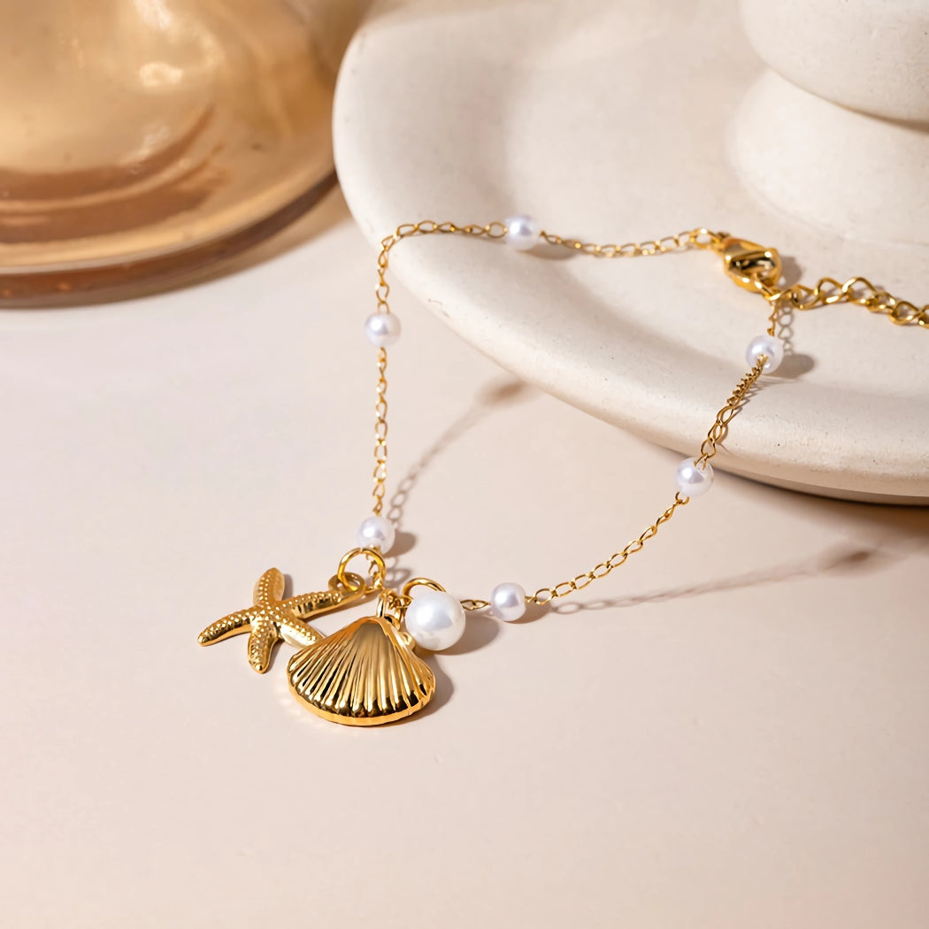 18K Gold Plated Pearl Starfish Pendant Bracelet for Women - Elegant Beach Jewelry Gift for Summer Vacation, Wedding & Party Accessories