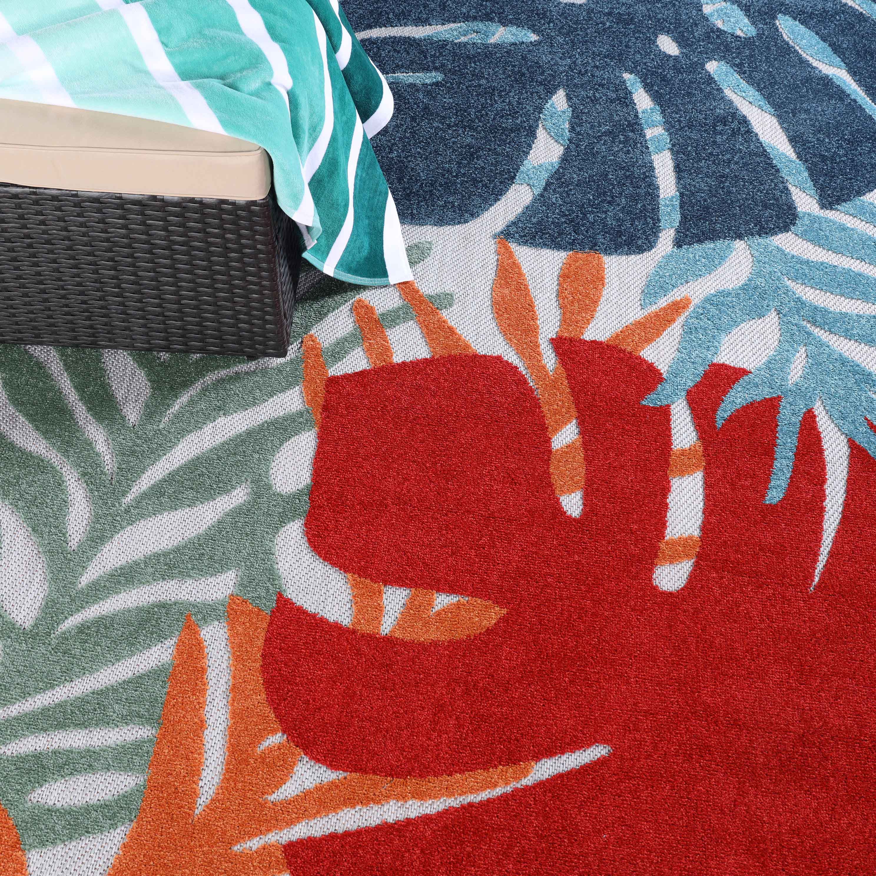 Waikiki Oversized Tropical Leaves Coastal Indoor Outdoor Area Rug - Perfect for Beach House, Boho Living Room, and Patio Decor