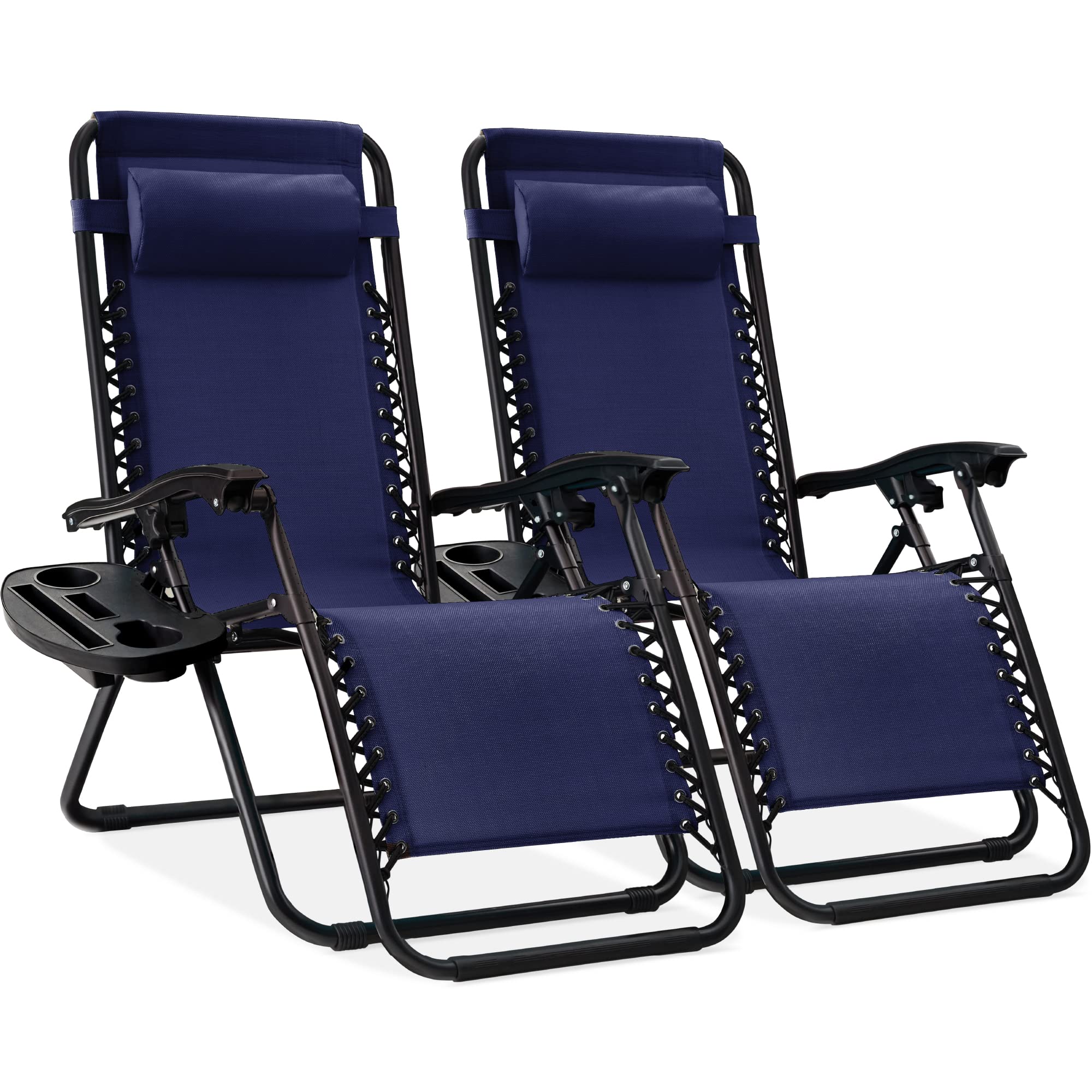 Best Choice Products Set of 2 Adjustable Steel Mesh Zero Gravity Lounge Chair Recliners with Pillows and Cup Holder Trays - Navy Blue - Perfect for Patio, Poolside, Backyard Relaxation and Outdoor Lounging