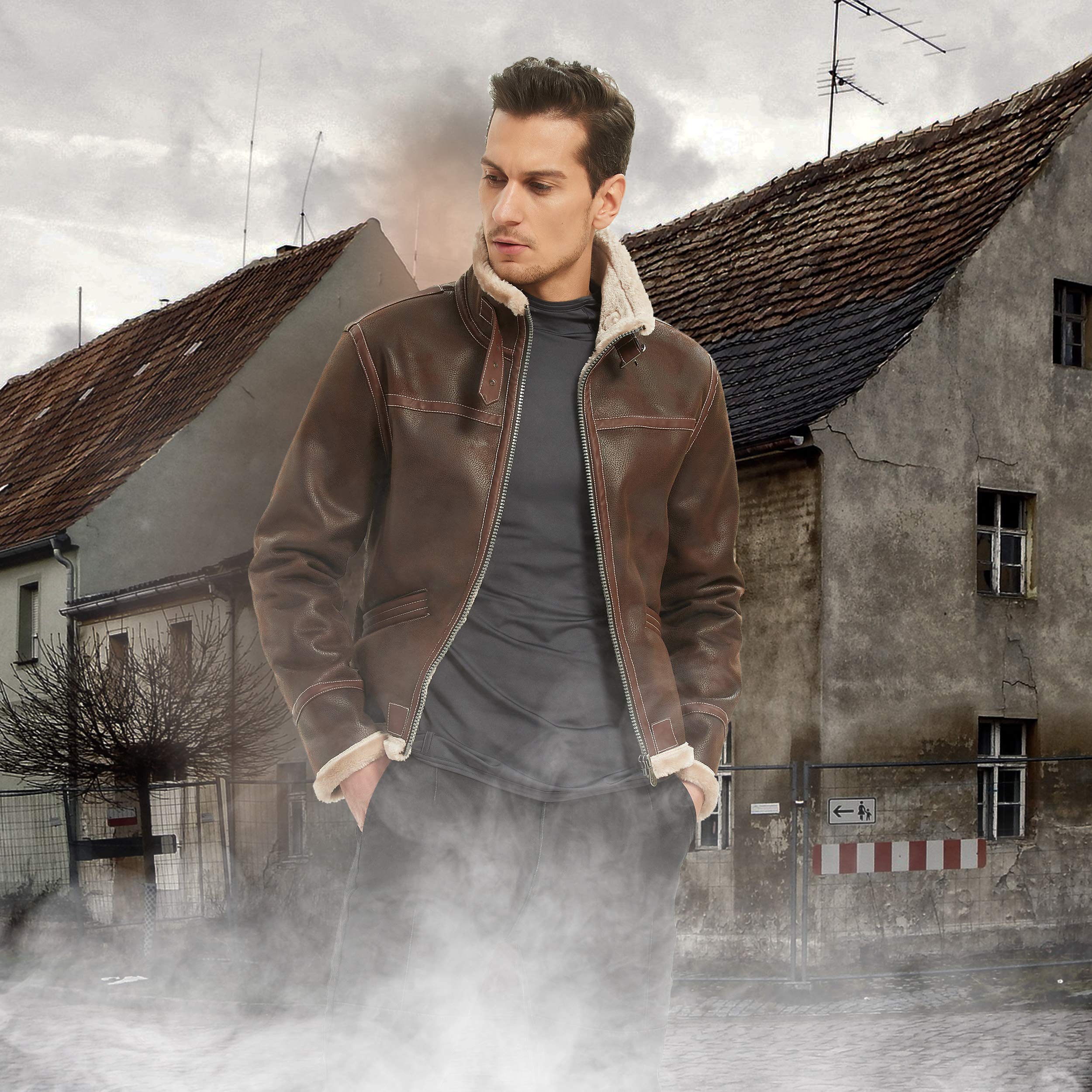 Men's Stand Collar Faux Fur Lined PU Leather Bomber Jacket - Winter Warm Coat for Cosplay, Gaming & Outdoor Activities