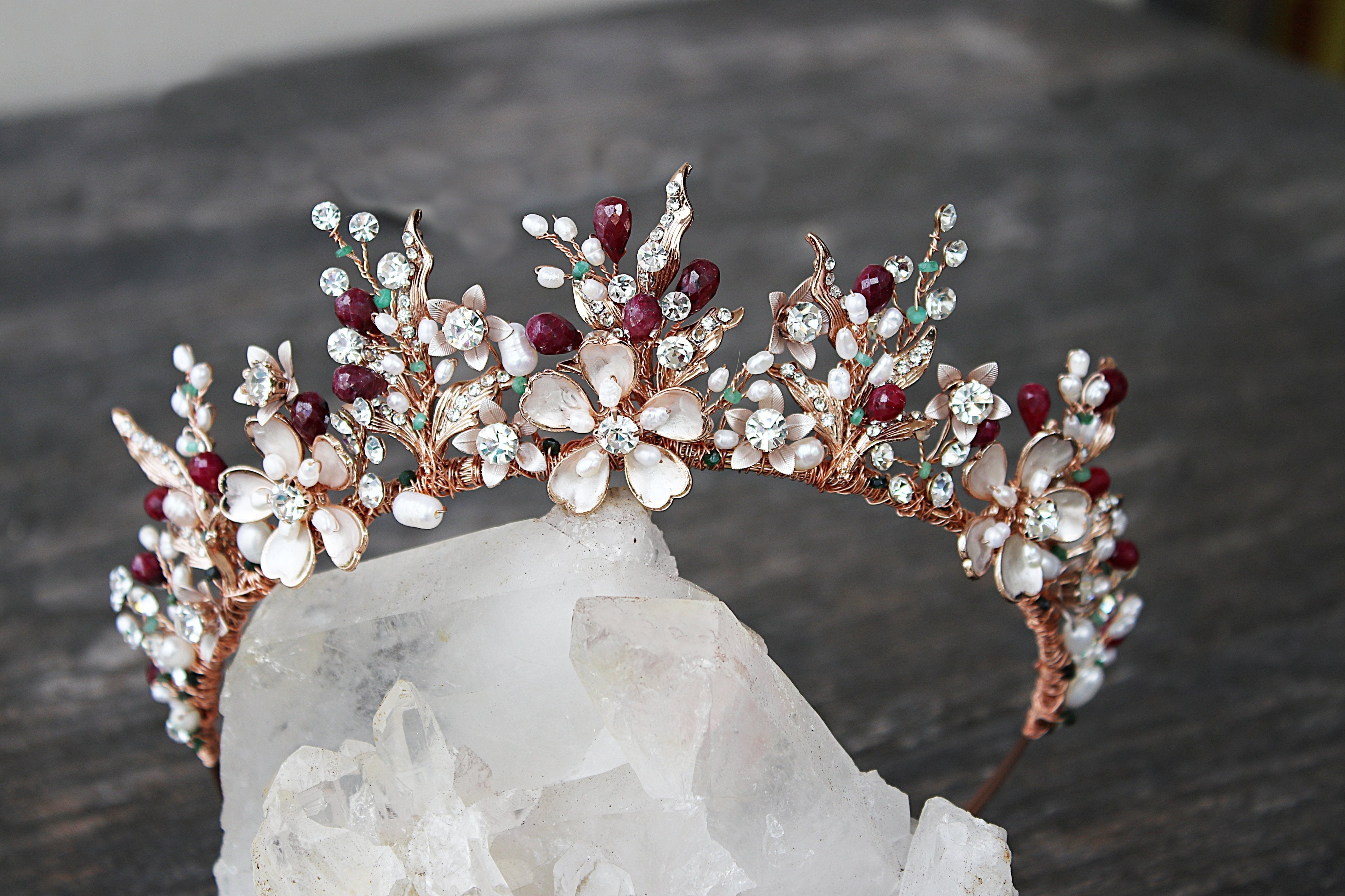 GENEVIEVE Elegant Tiara with Genuine Ruby & Emerald Briolettes – Perfect for Weddings, Prom & Royal-Themed Events