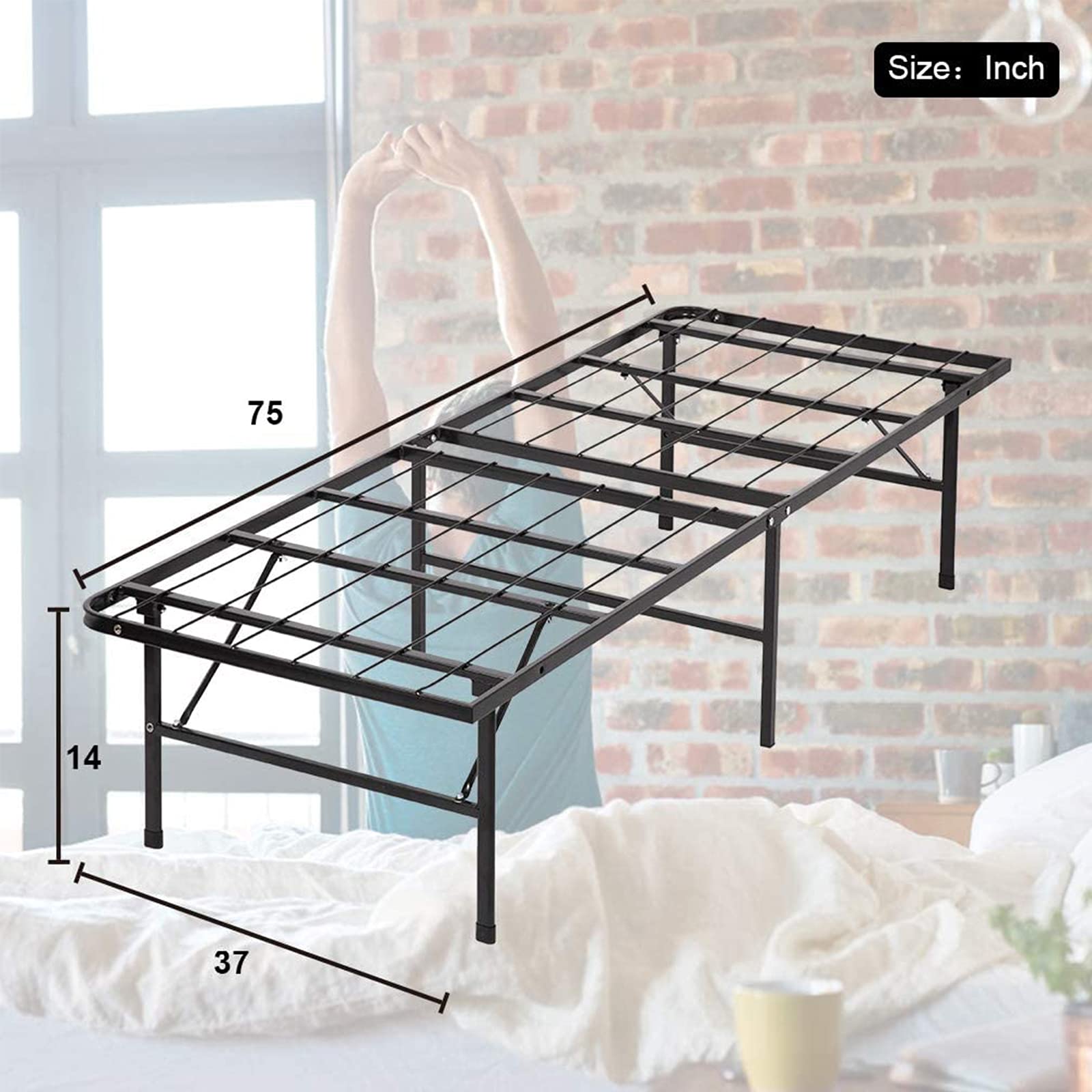 14 Inch Heavy Duty Metal Bed Frame - Twin Size Folding Platform with Steel Slat Support, Under Bed Storage Space, No Box Spring Needed, Noise-Free Design, Non-Slip Mat Included (Black, 75