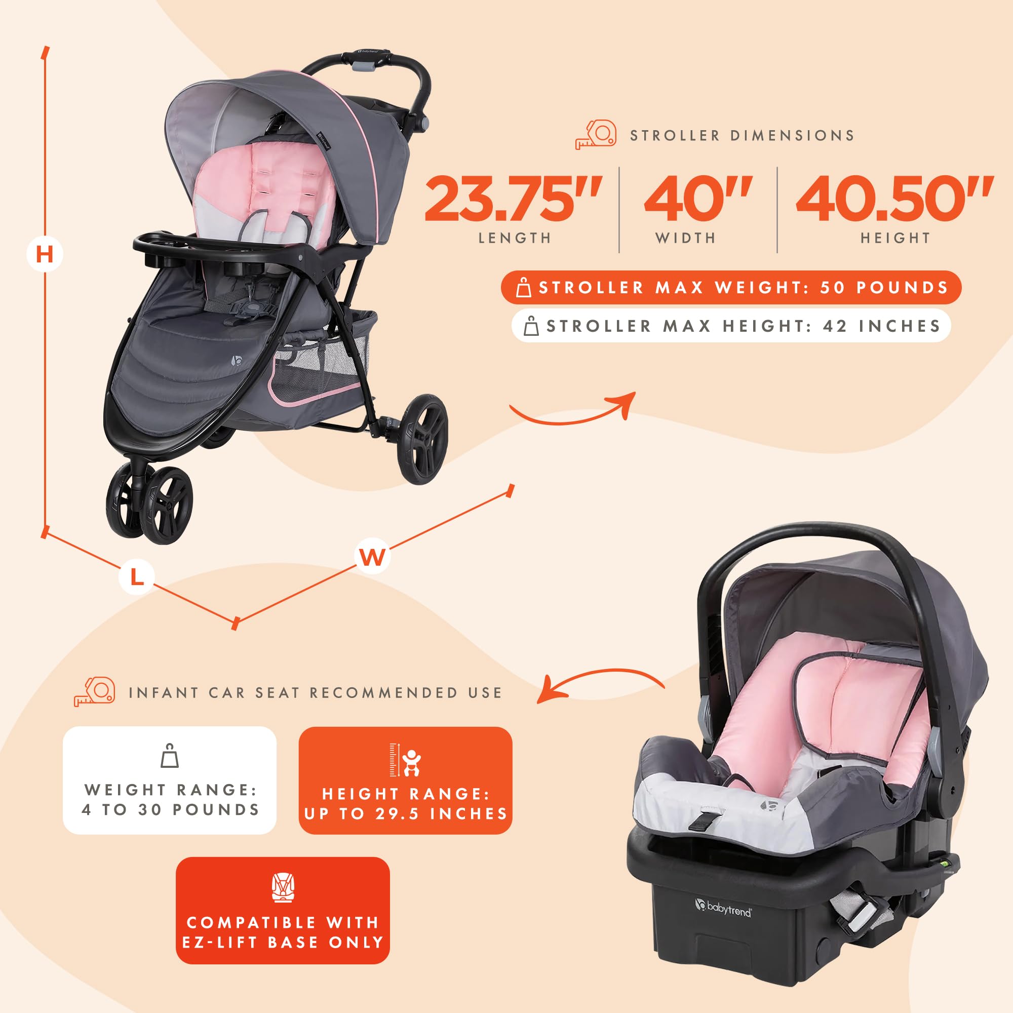 Baby Trend EZ Ride Travel System with EZ-Lift™ Infant Car Seat in Dash Pink | Lightweight Stroller & Safe Car Seat Combo for Newborns | Perfect for Shopping, Travel & Daily Walks
