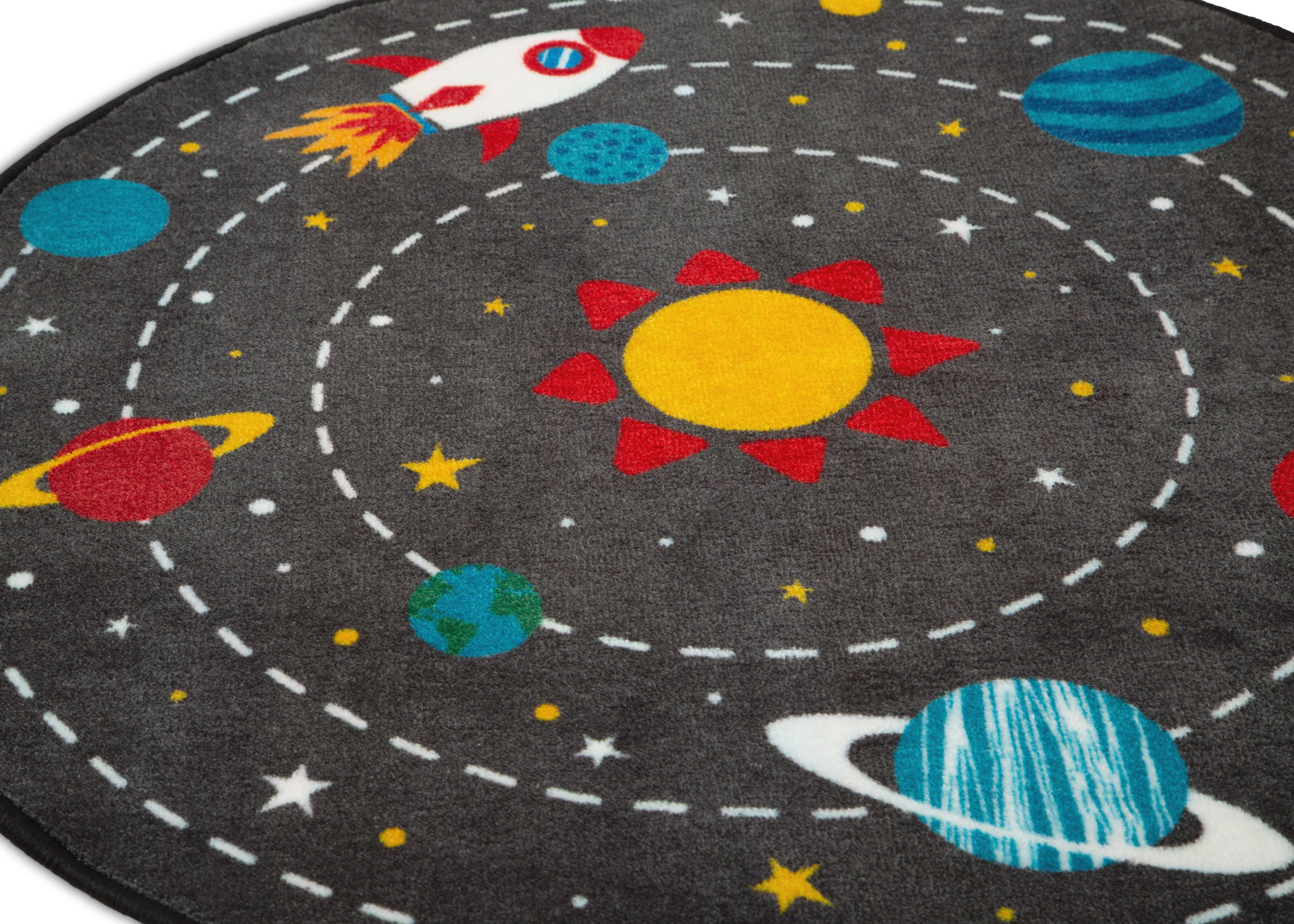 Kids Outer Space Themed Round Area Rug - 39 Inch Diameter, Non-Slip Playroom Carpet for Bedroom & Nursery Decor