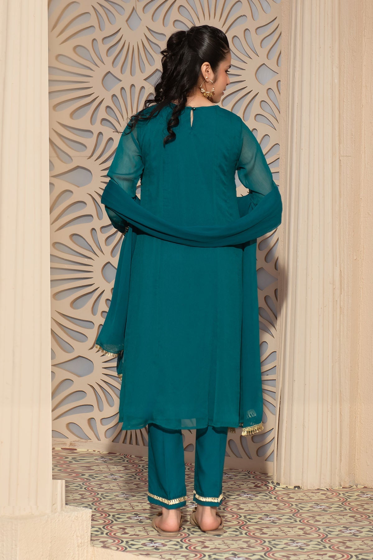 Emerald Green Chiffon Hand Embroidered Suit with Ochre Stitching - Perfect for Weddings, Parties & Special Occasions