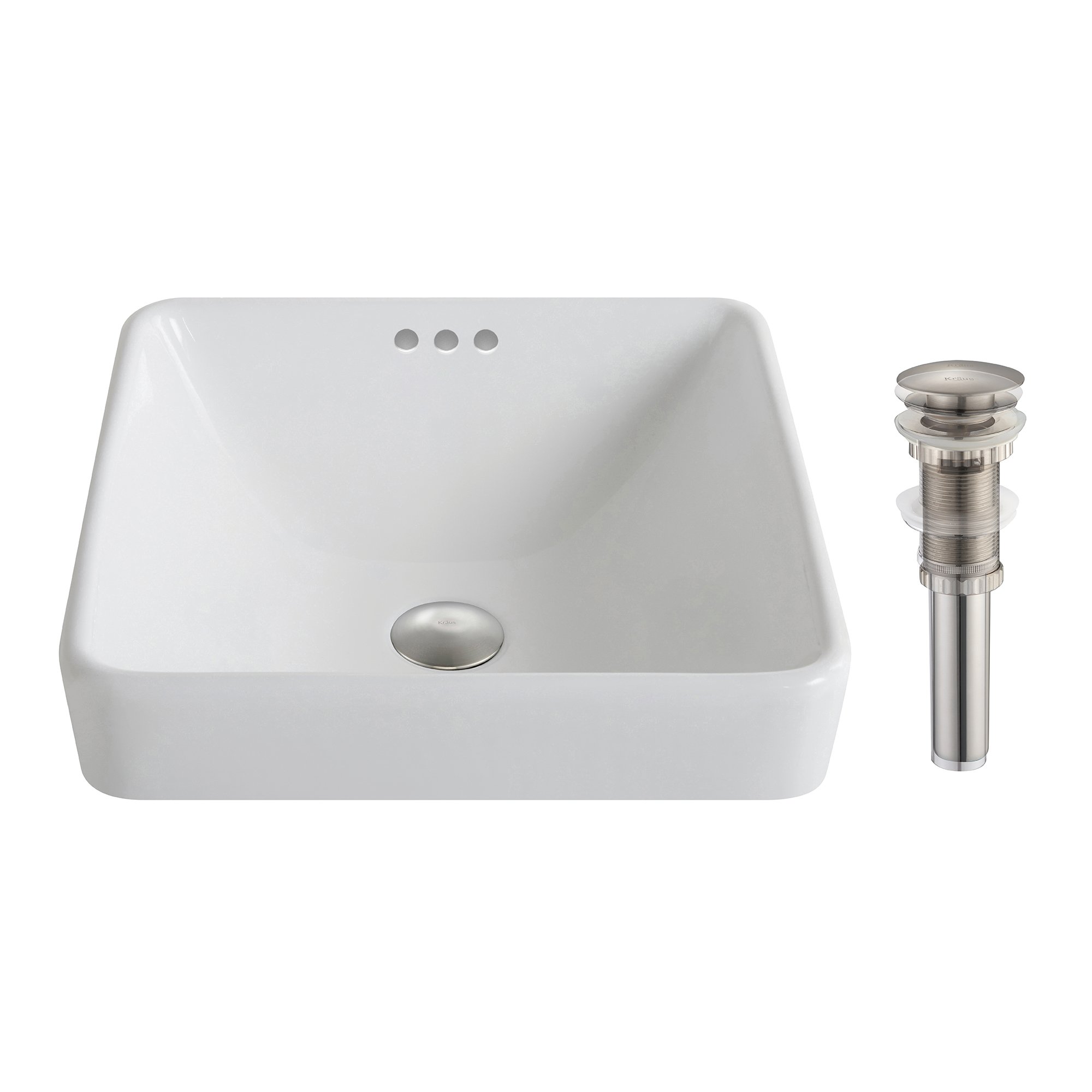 Kraus KCR-281-BN Modern Ceramic Square Semi-Recessed Bathroom Sink with Overflow & Pop-Up Drain - Brushed Nickel/White 16.25
